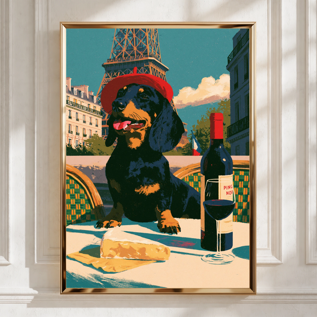 Dachshund Paris Poster, Eiffel Tower Dog Print, Retro French Wall Art