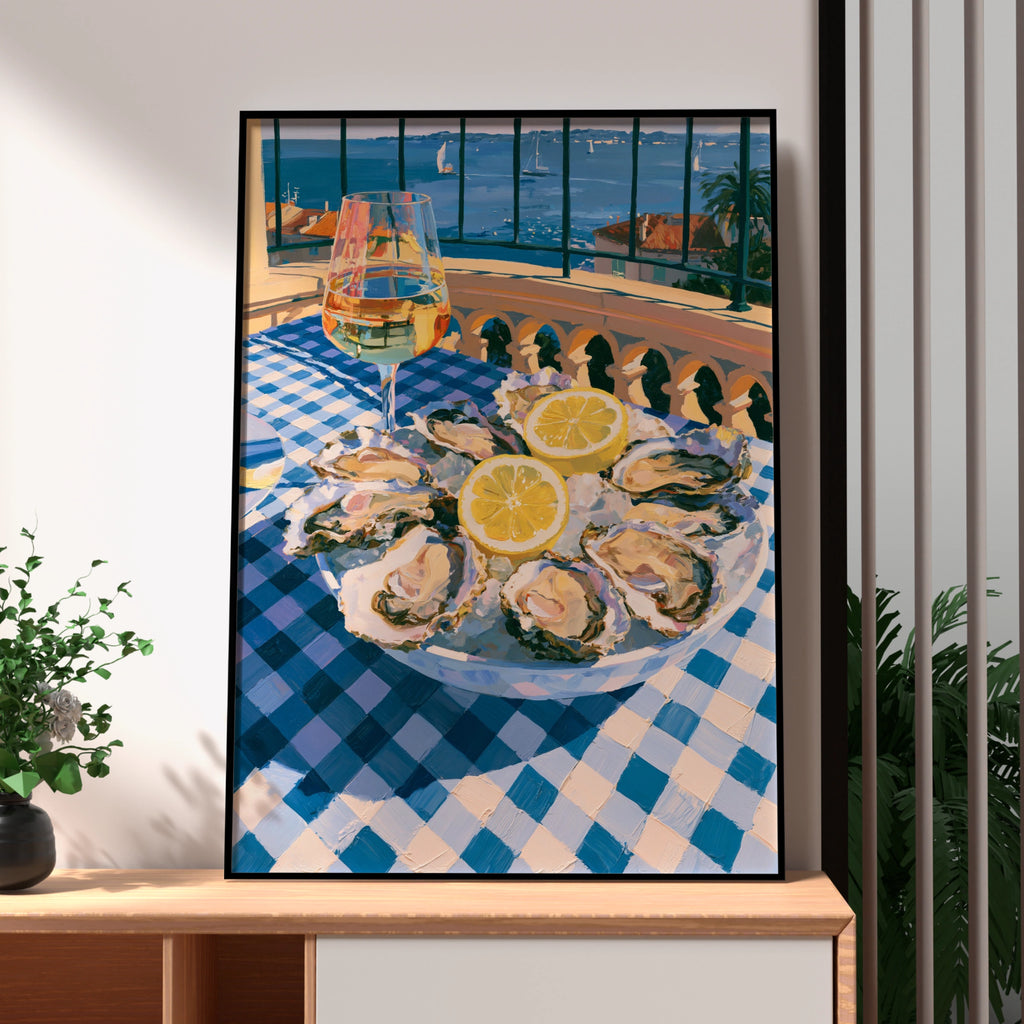 Oysters & White Wine Sea View Poster, French Riviera Kitchen Art Print