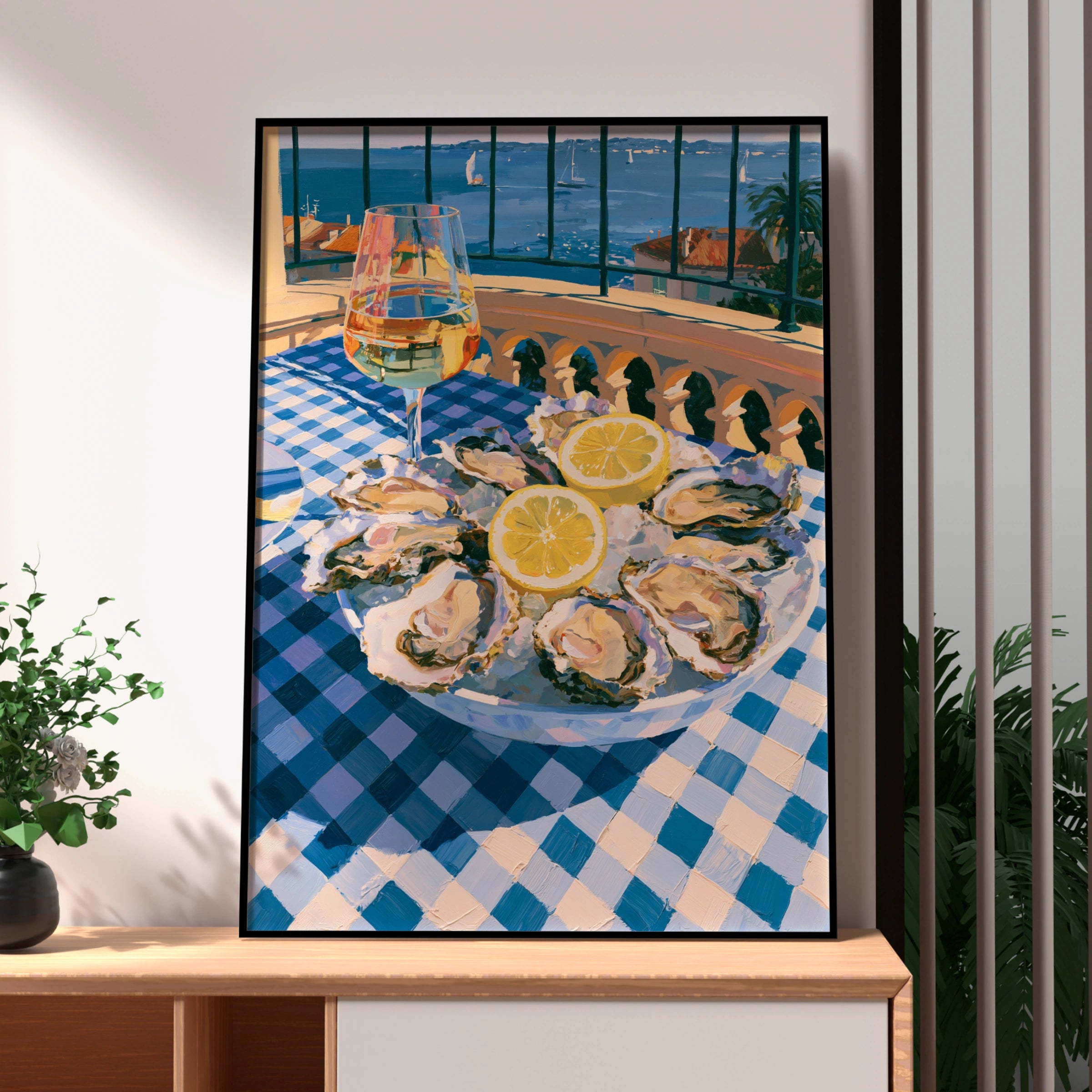 Oysters & White Wine Sea View Poster, French Riviera Kitchen Art Print