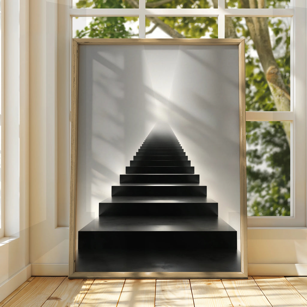 Black Stairway to Light Poster, Minimalist Architecture Print, Monochrome Wall Art