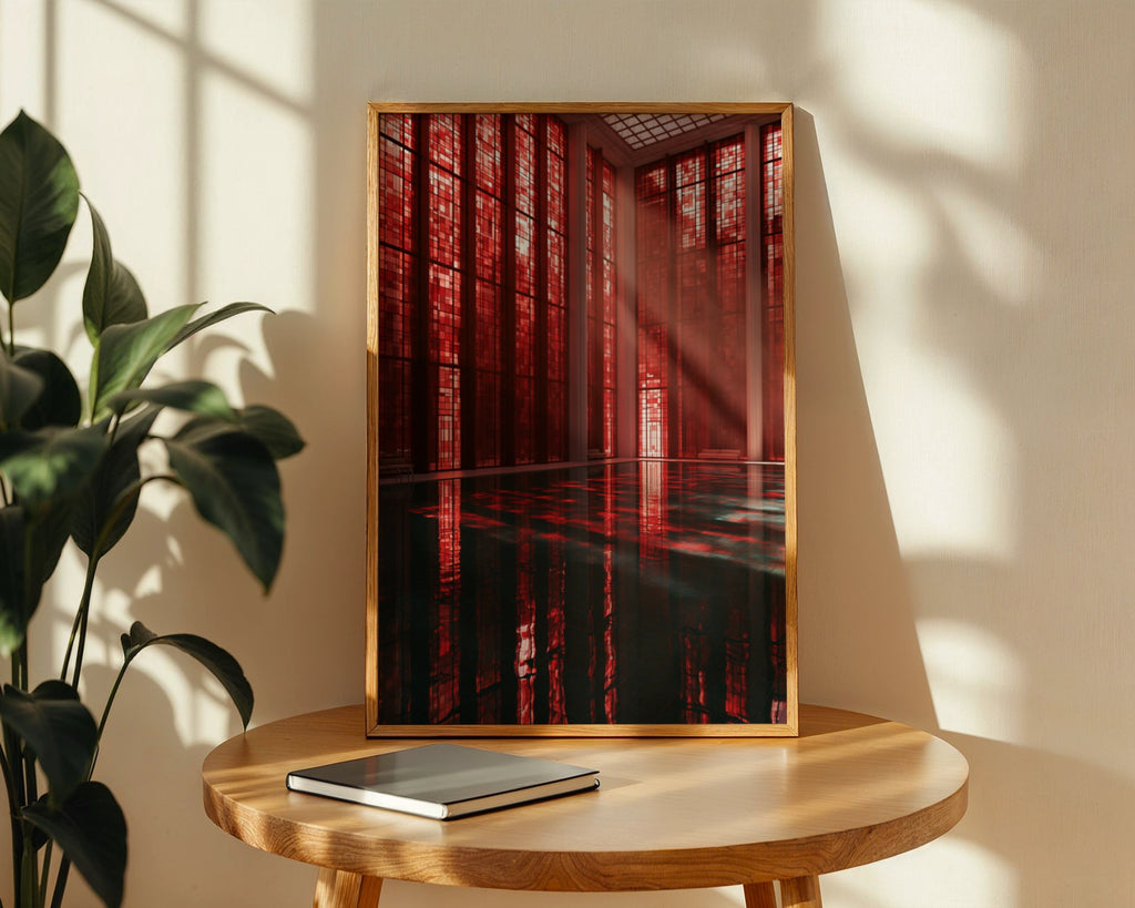 Red Baths Indoor Pool Poster, Art Deco Architecture Print, Dramatic Red Interior