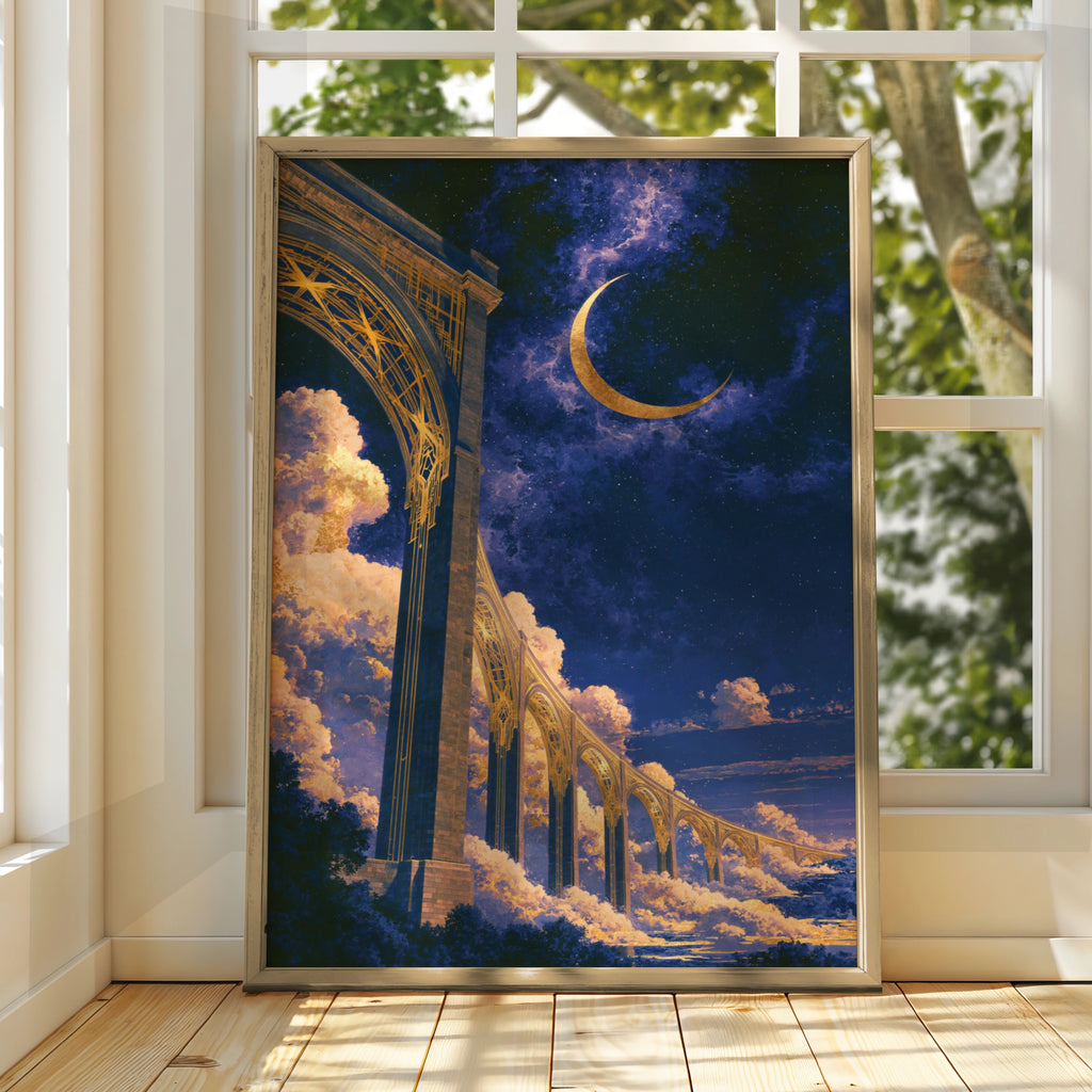 Cosmic Viaduct Night Sky Poster, Art Deco Arch Bridge, Crescent Moon Print