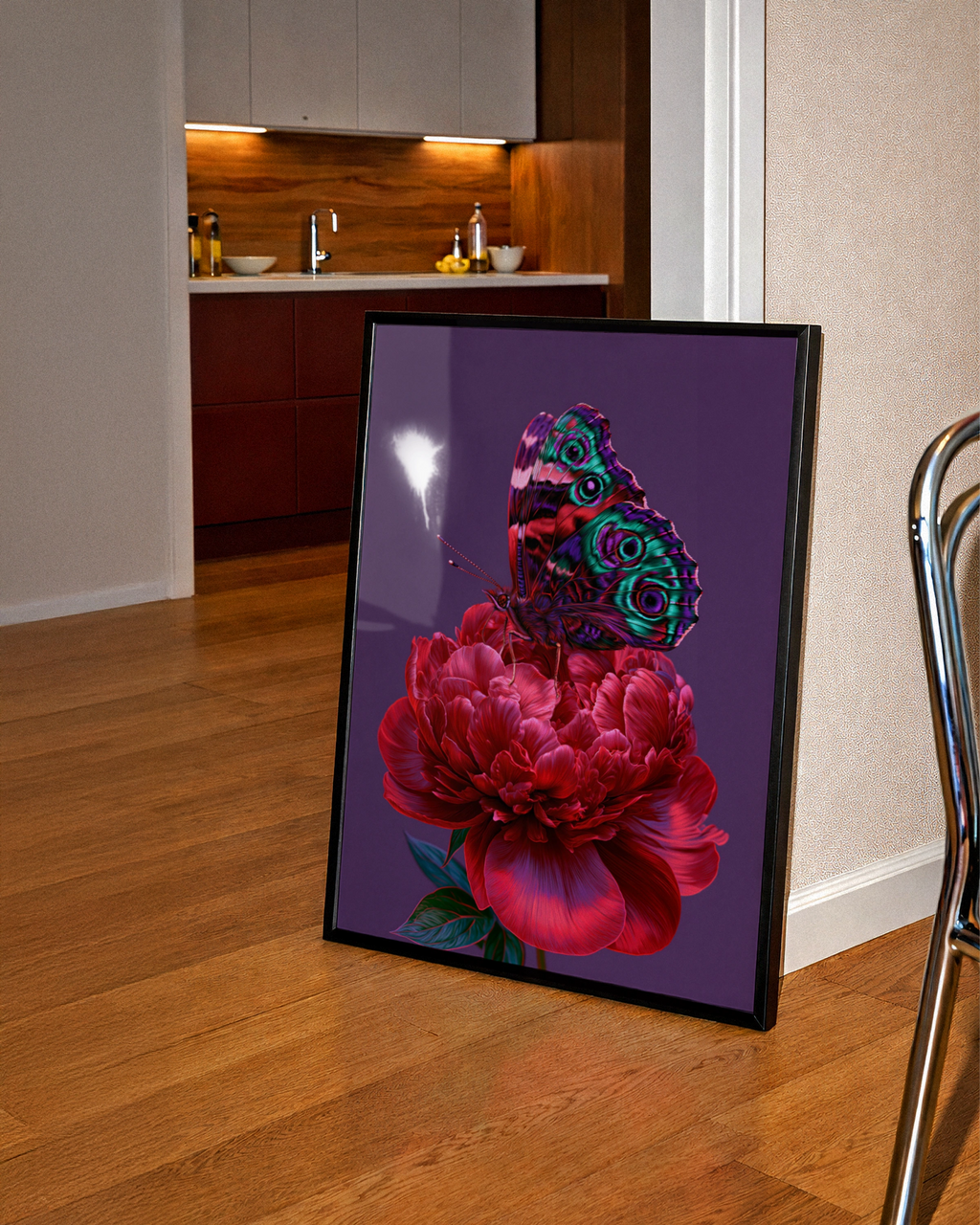 Butterfly on Red Peony Poster, Botanical Wall Art, Vibrant Purple Print