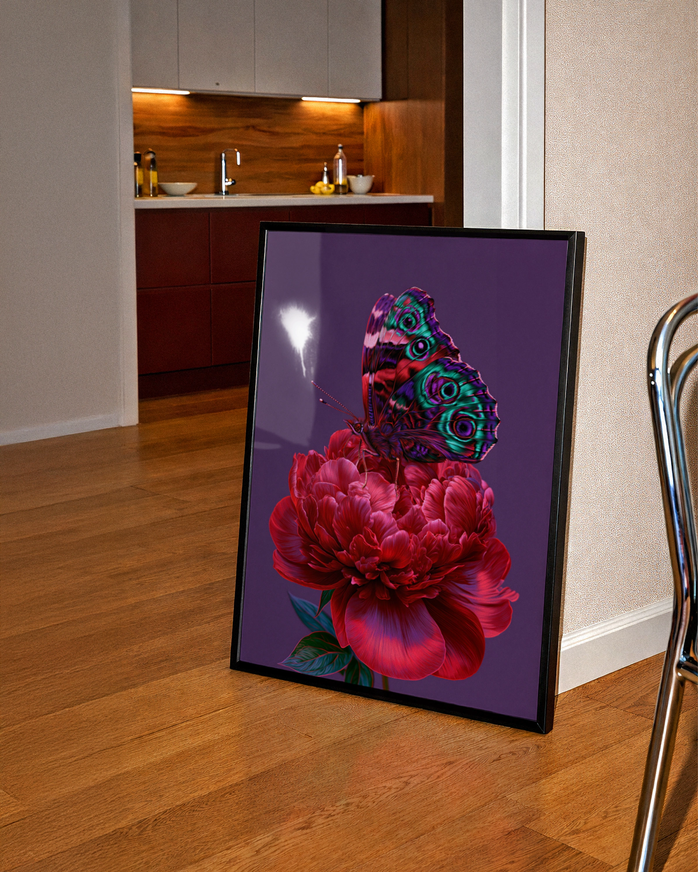 Butterfly on Red Peony Poster, Botanical Wall Art, Vibrant Purple Print