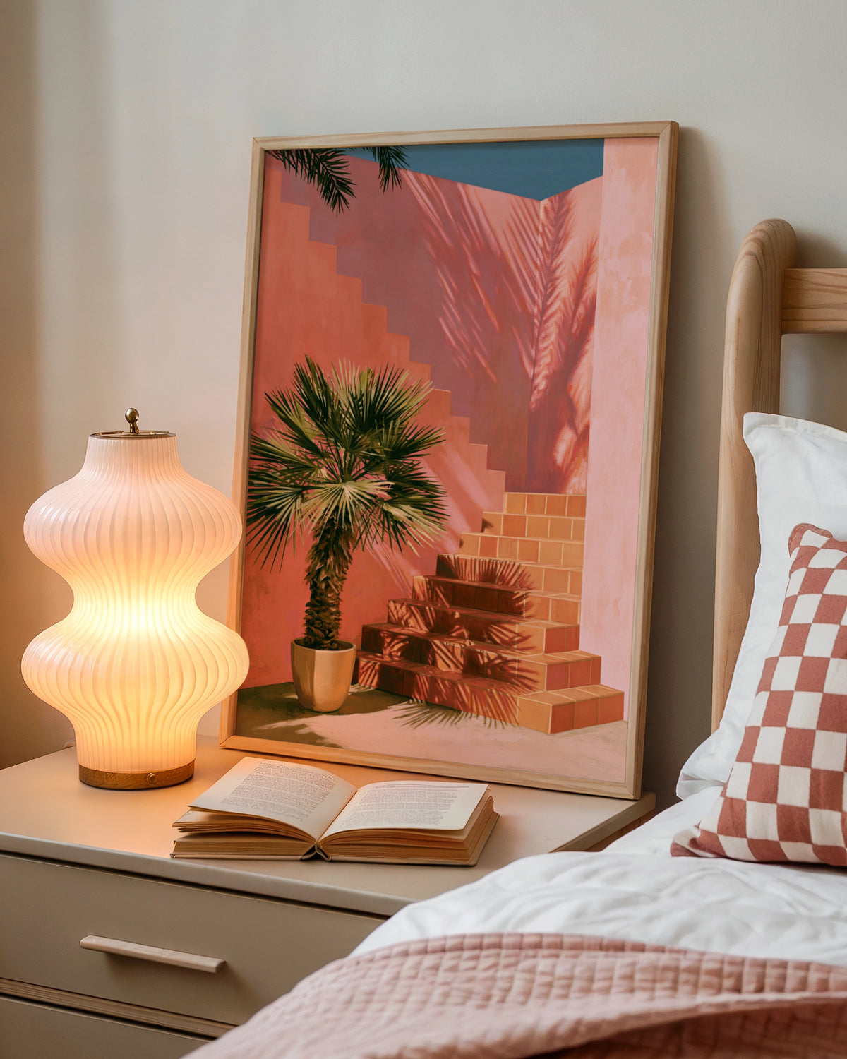 Palm Tree Courtyard Stairs Poster, Mediterranean Architecture, Terracotta Wall Art