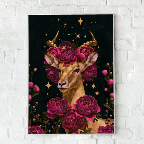 Antelope Flowers Stars Poster, Dark Floral Animal Wall Art, Celestial Print