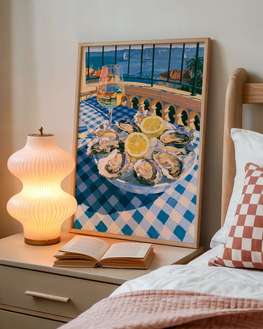 Oysters & White Wine Sea View Poster, French Riviera Kitchen Art Print