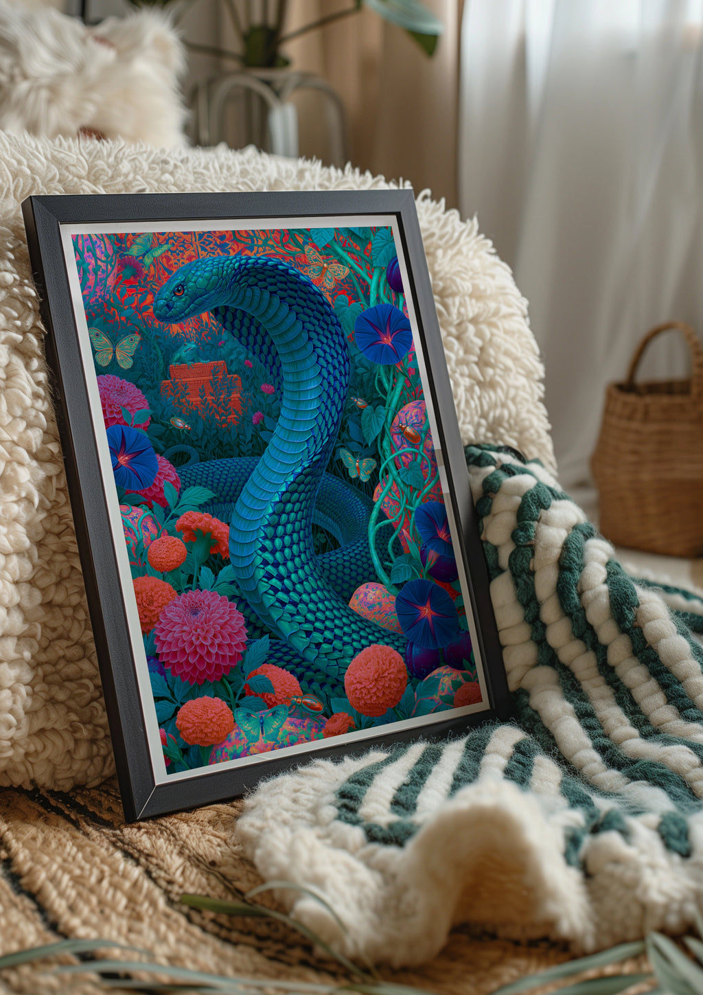 Blue Cobra Snake Floral Poster, Psychedelic Botanical Wall Art Print