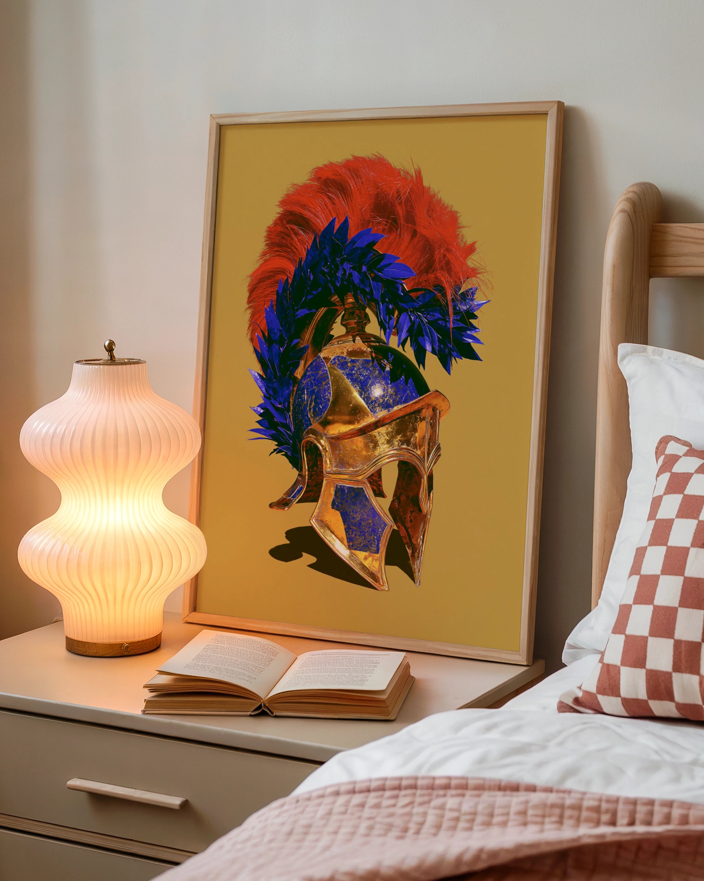 Greek Helmet Poster, Ancient Spartan Warrior Art, Bold Gold Blue Red Print