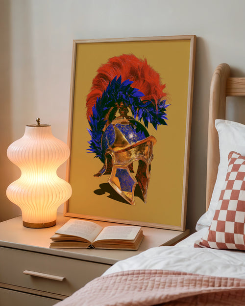 Greek Helmet Poster, Ancient Spartan Warrior Art, Bold Gold Blue Red Print