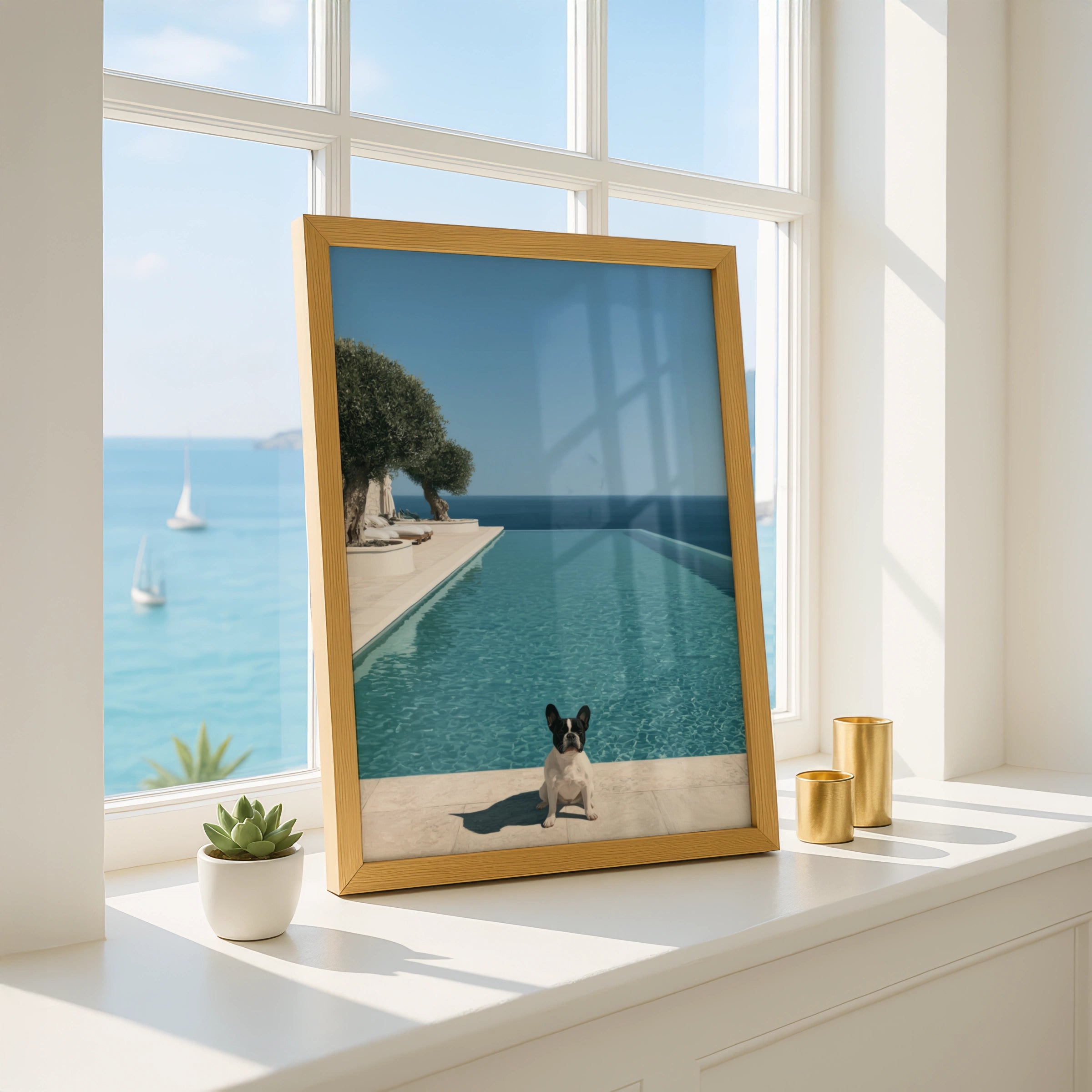French Bulldog Infinity Pool Poster, Mediterranean Olive Tree, Luxury Wall Art
