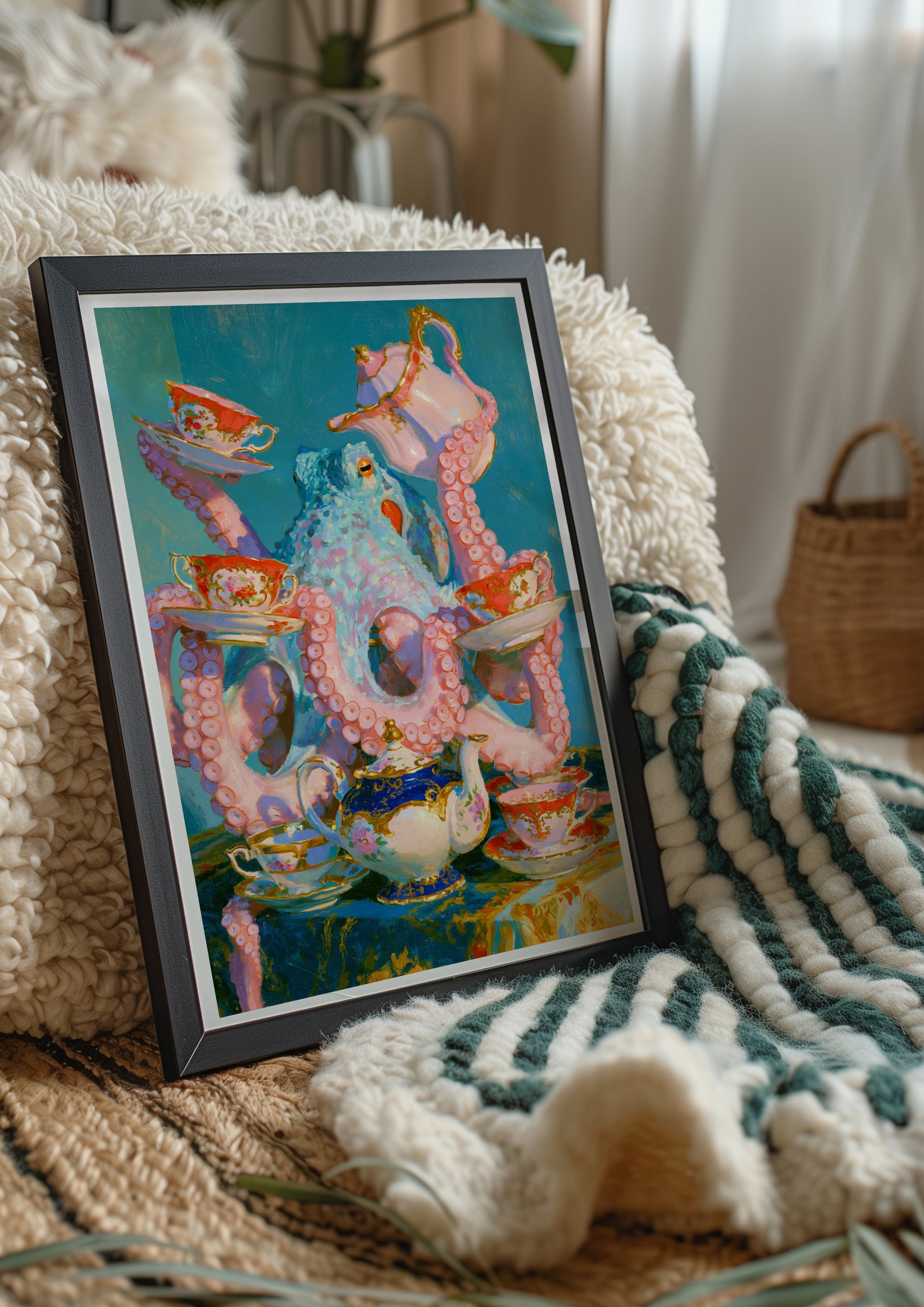 Octopus Tea Party Poster, Whimsical Animal Wall Art, Colourful Still Life Print