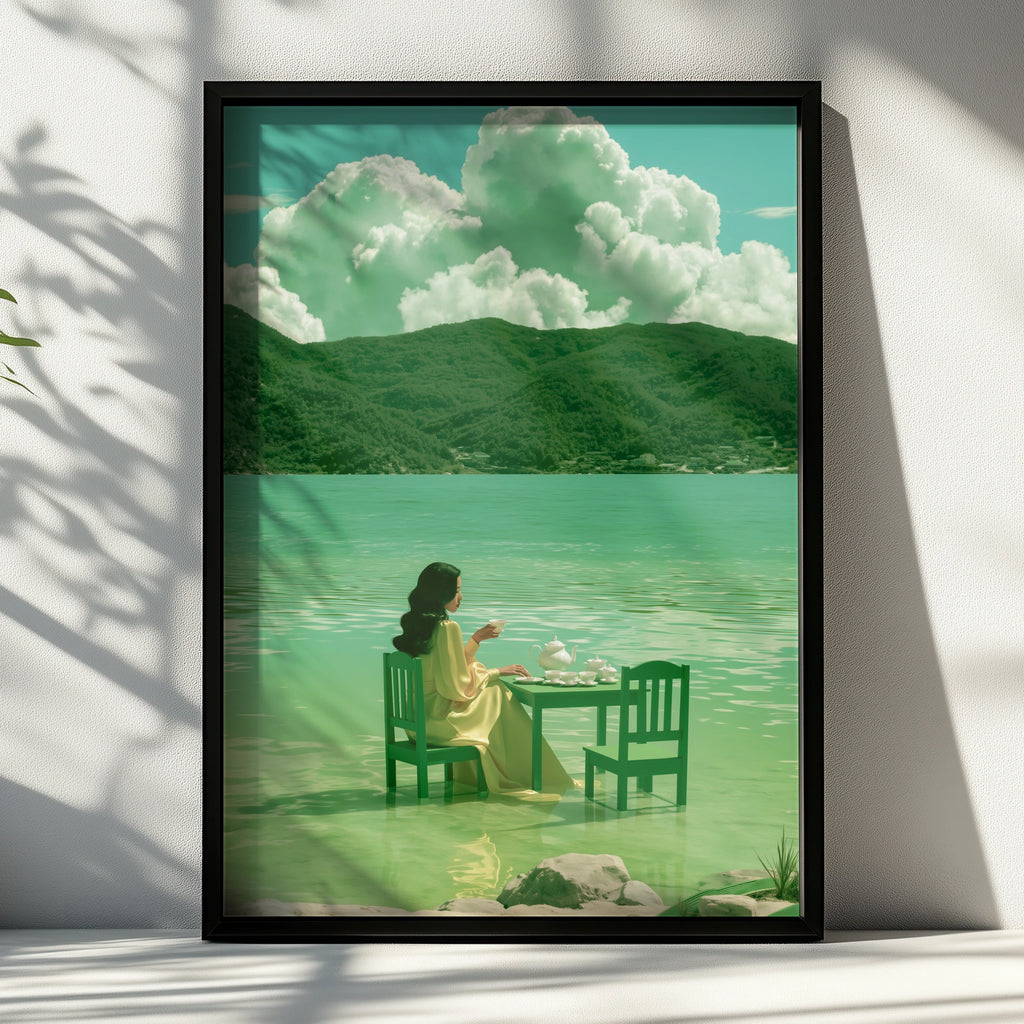 Woman Tea Table Sea Poster, Surreal Green Coastal Wall Art, Dreamy Figurative Print