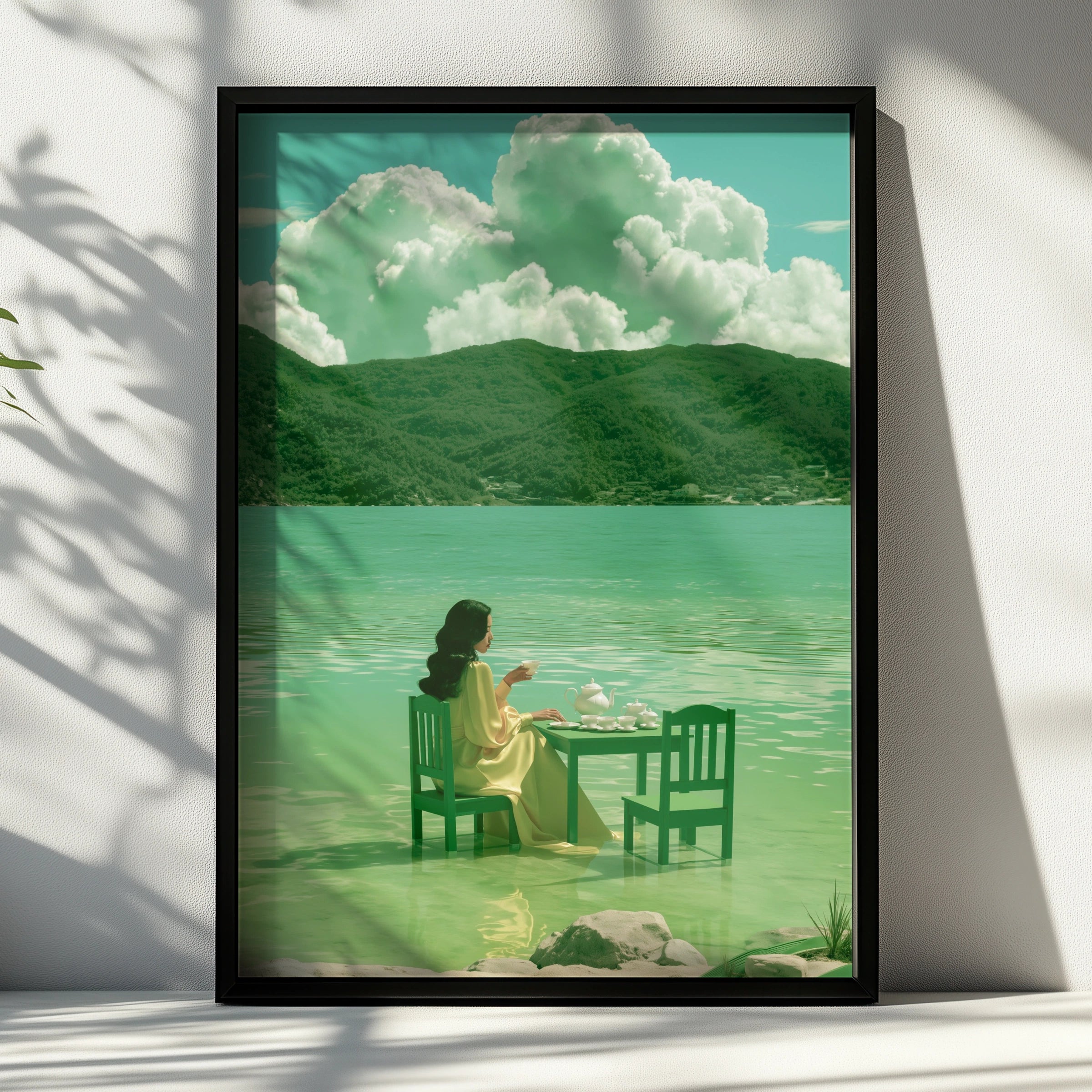Woman Tea Table Sea Poster, Surreal Green Coastal Wall Art, Dreamy Figurative Print