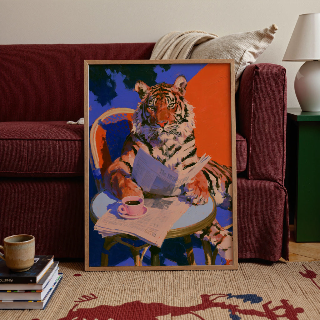 Tiger Reading Newspaper Coffee Table Poster, Bold Colourful Animal Art Print