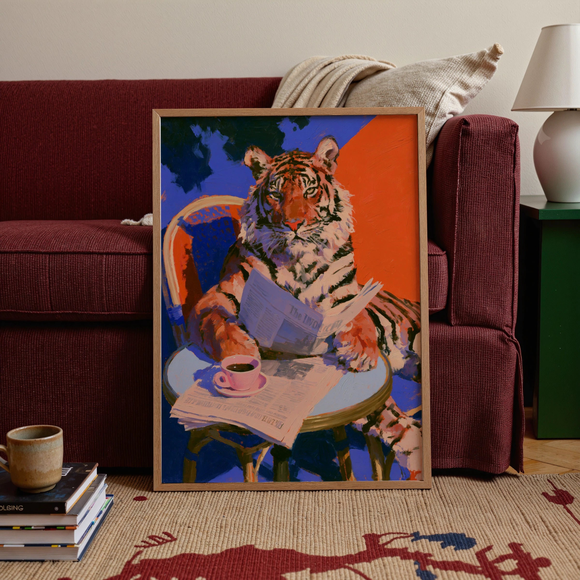 Tiger Reading Newspaper Coffee Table Poster, Bold Colourful Animal Art Print