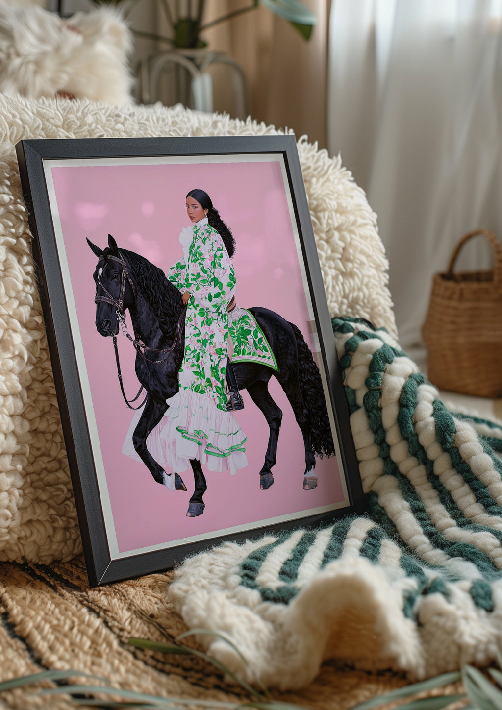 Woman on Black Horse Pink Background, Equestrian Poster, Floral Dress Art