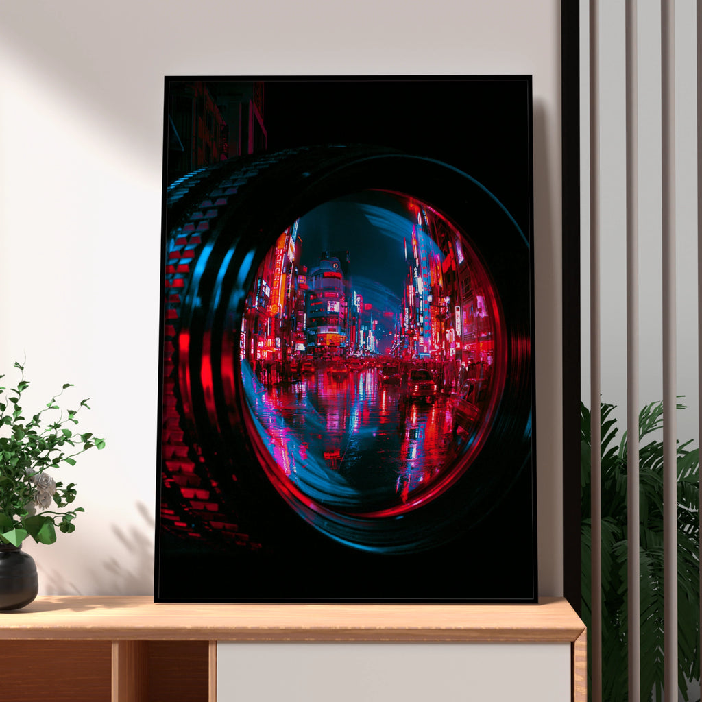 Tokyo Neon Night Camera Lens Poster, Cyberpunk Japan Street Art Print