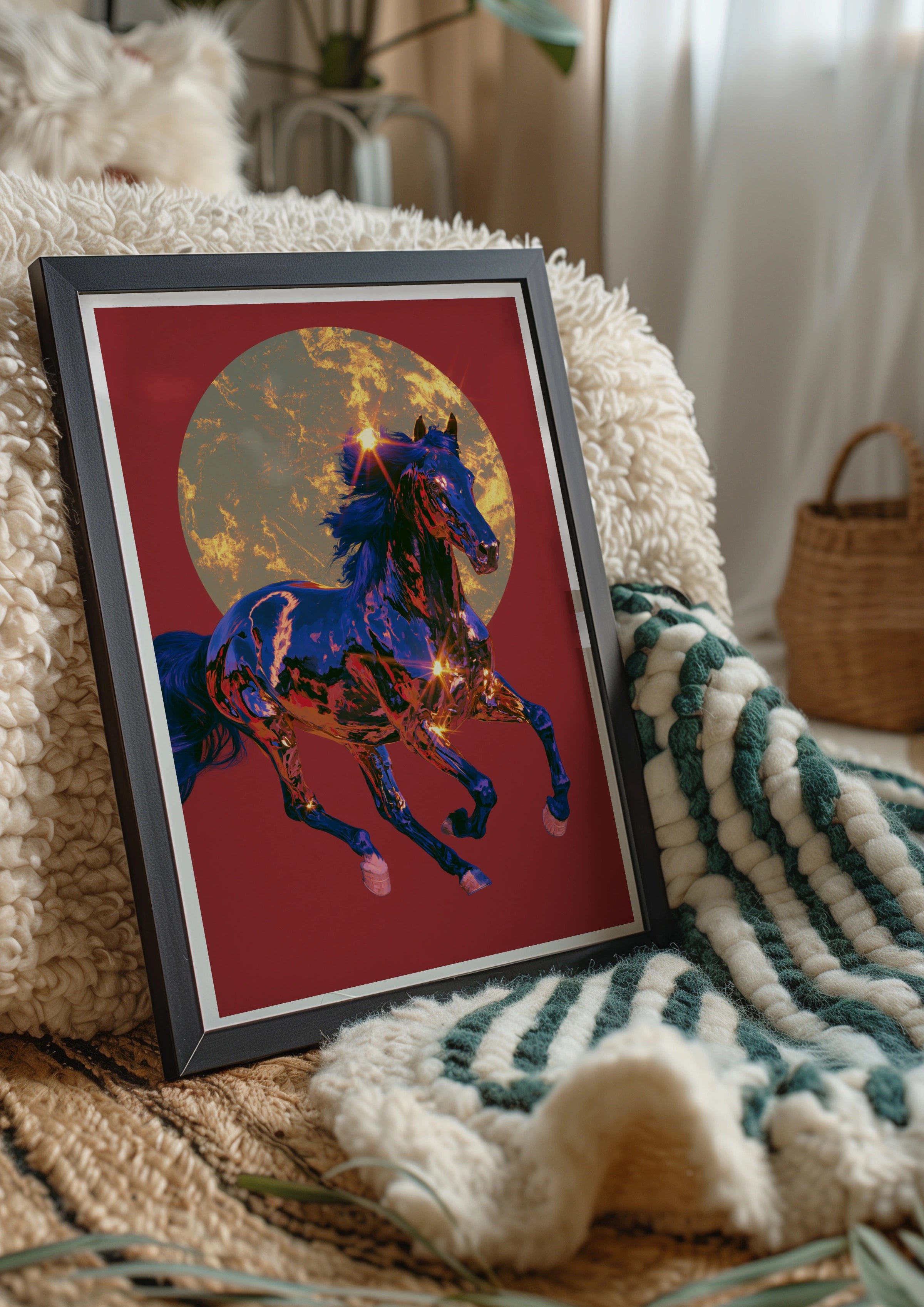 Chrome Horse Golden Sun Wall Art Poster, Red Bold Equestrian Print
