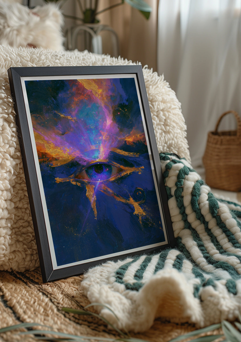 Eye of Horus Cosmic Poster, Egyptian Galaxy Wall Art, Mystic Gold Blue Print