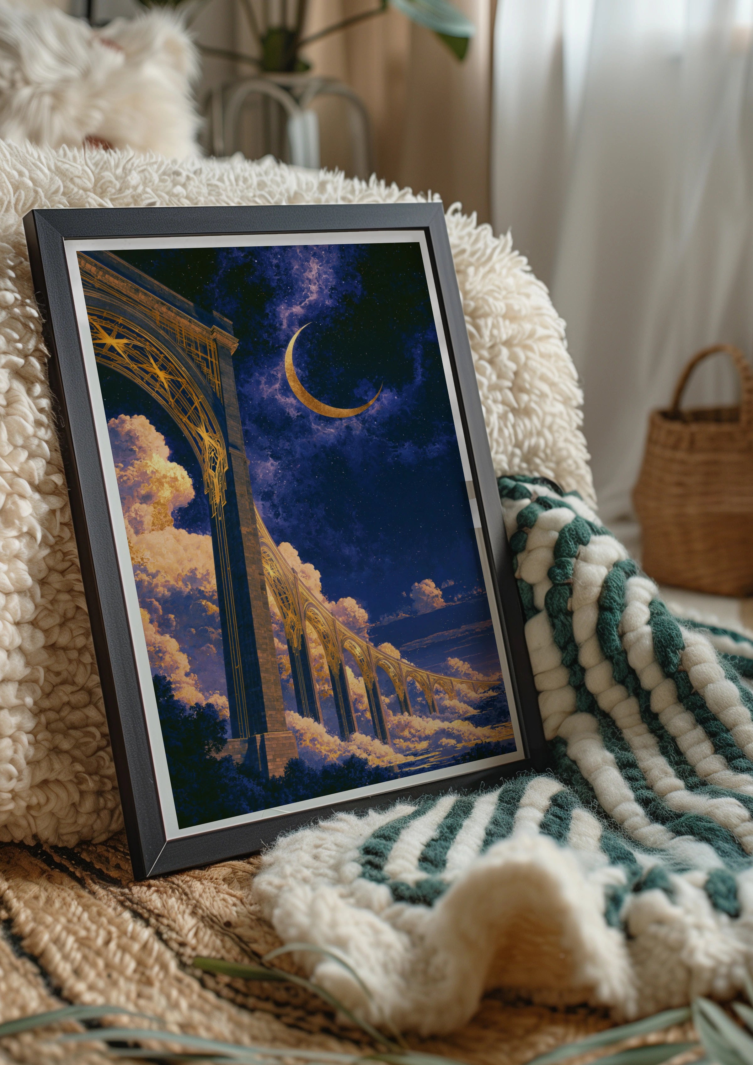 Cosmic Viaduct Night Sky Poster, Art Deco Arch Bridge, Crescent Moon Print