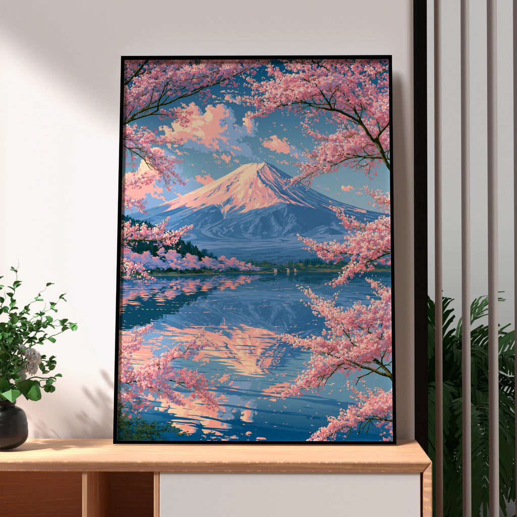 Mount Fuji Cherry Blossom Poster, Japan Lake Reflection Wall Art, Sakura Print