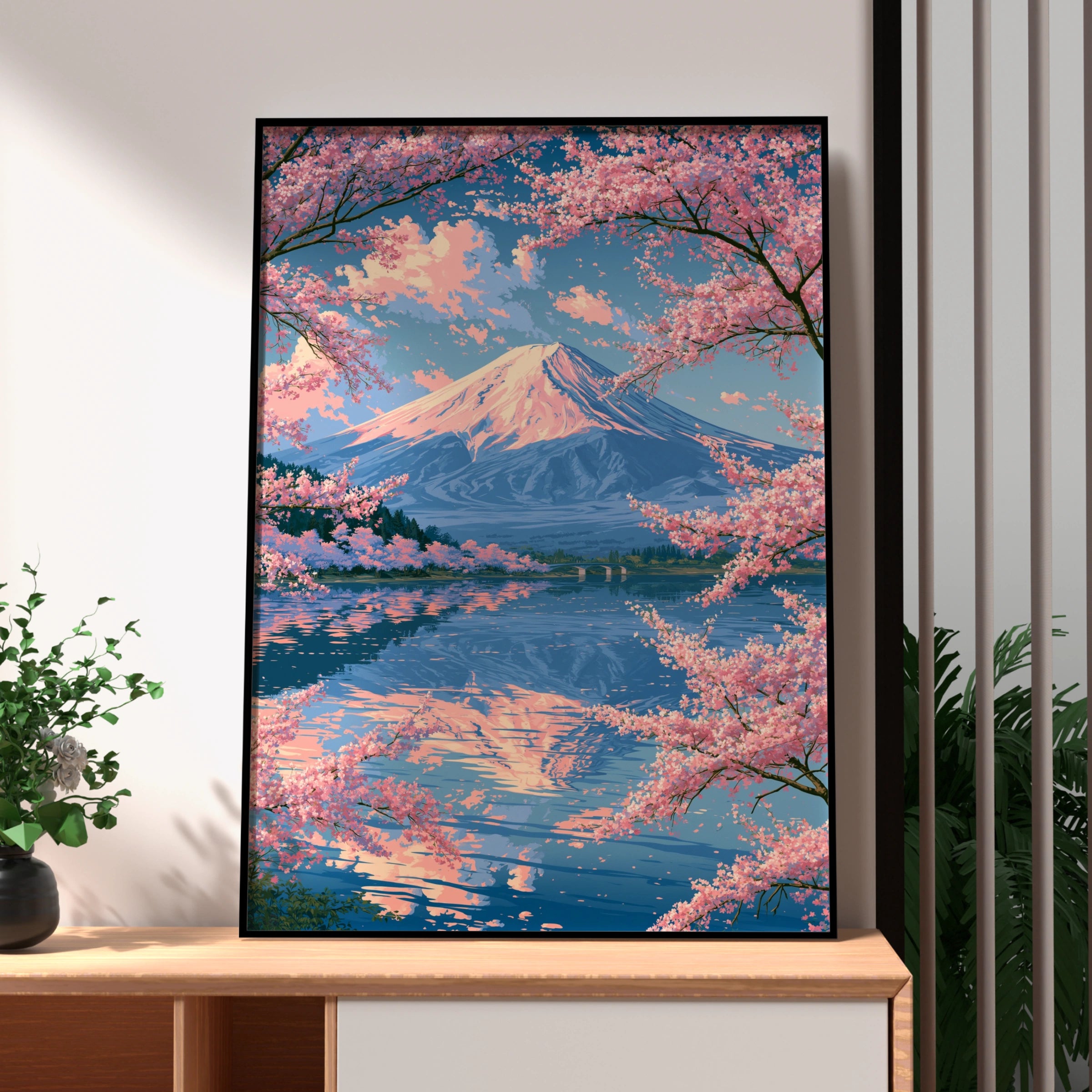 Mount Fuji Cherry Blossom Poster, Japan Lake Reflection Wall Art, Sakura Print
