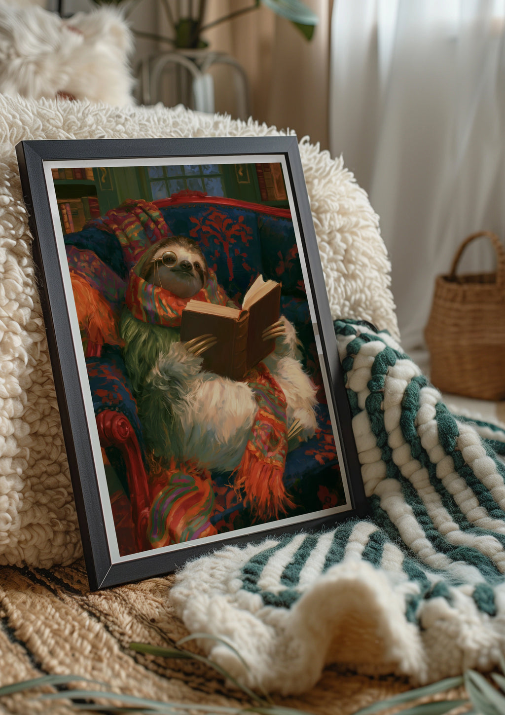 Reading Sloth Wall Art Poster, Cosy Library Print, Whimsical Animal Art
