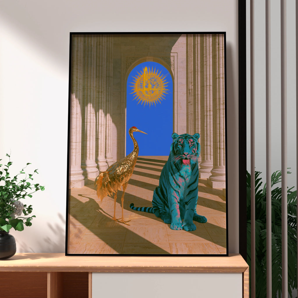 Blue Tiger Gold Crane Temple Poster, Surreal Animal Wall Art, Bold Maximalist Print