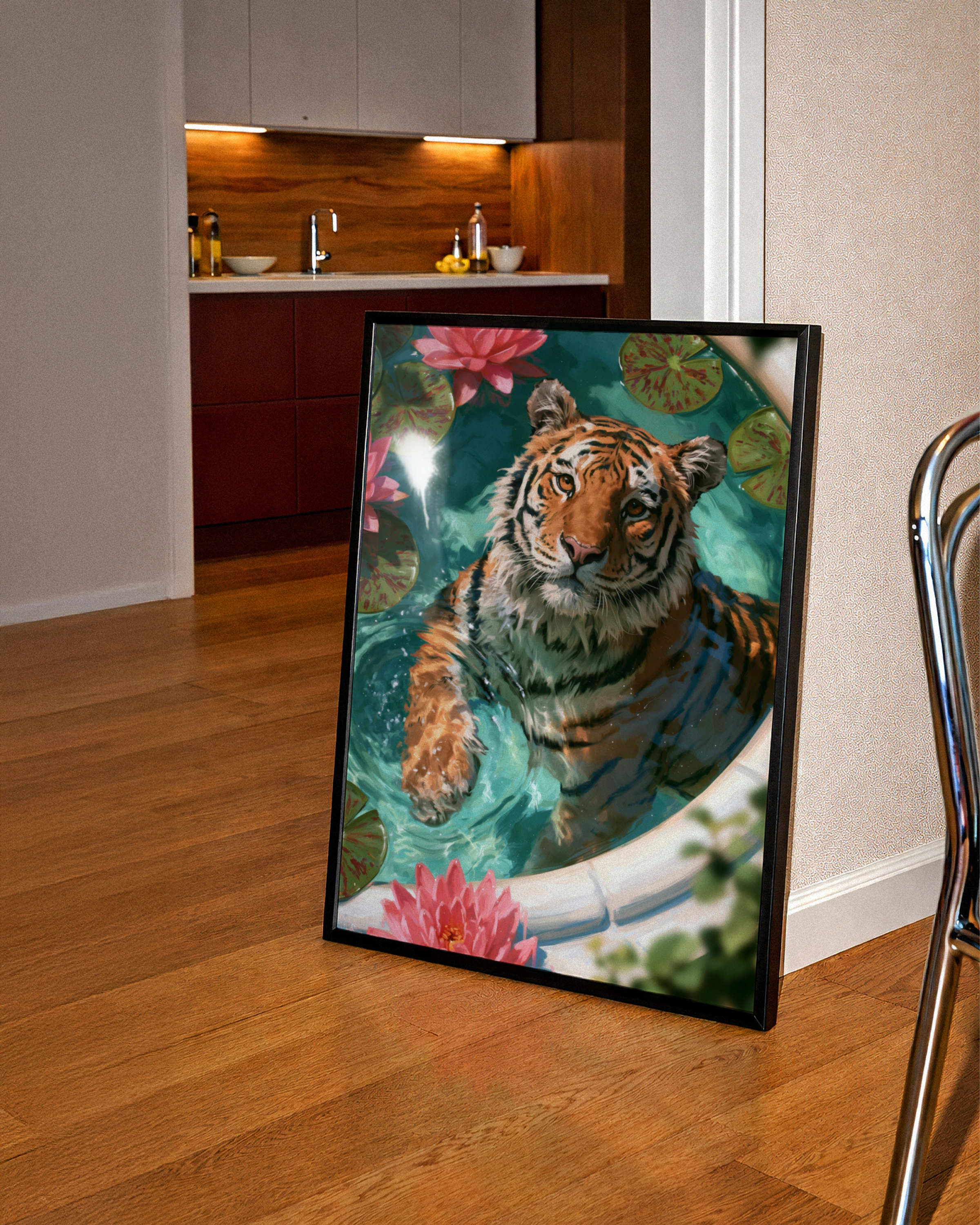 Tiger in Bath with Lotus Flowers Poster, Wild Cat Water Art Print