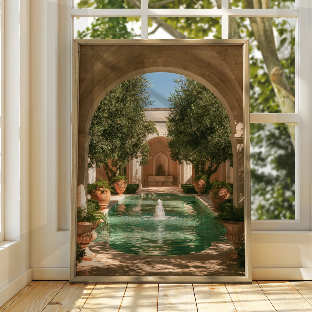 Italian Courtyard Olive Trees Poster, Stone Arch Fountain Wall Art Print