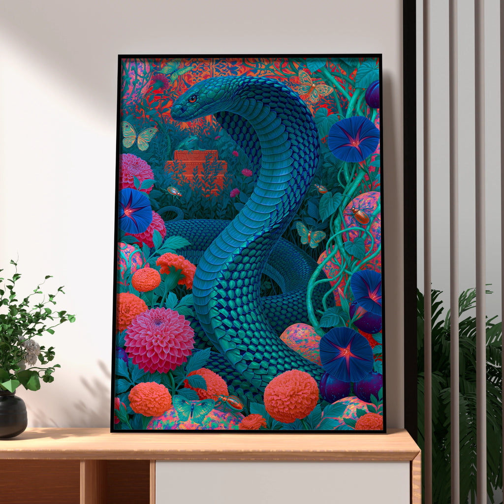 Blue Cobra Snake Floral Poster, Psychedelic Botanical Wall Art Print