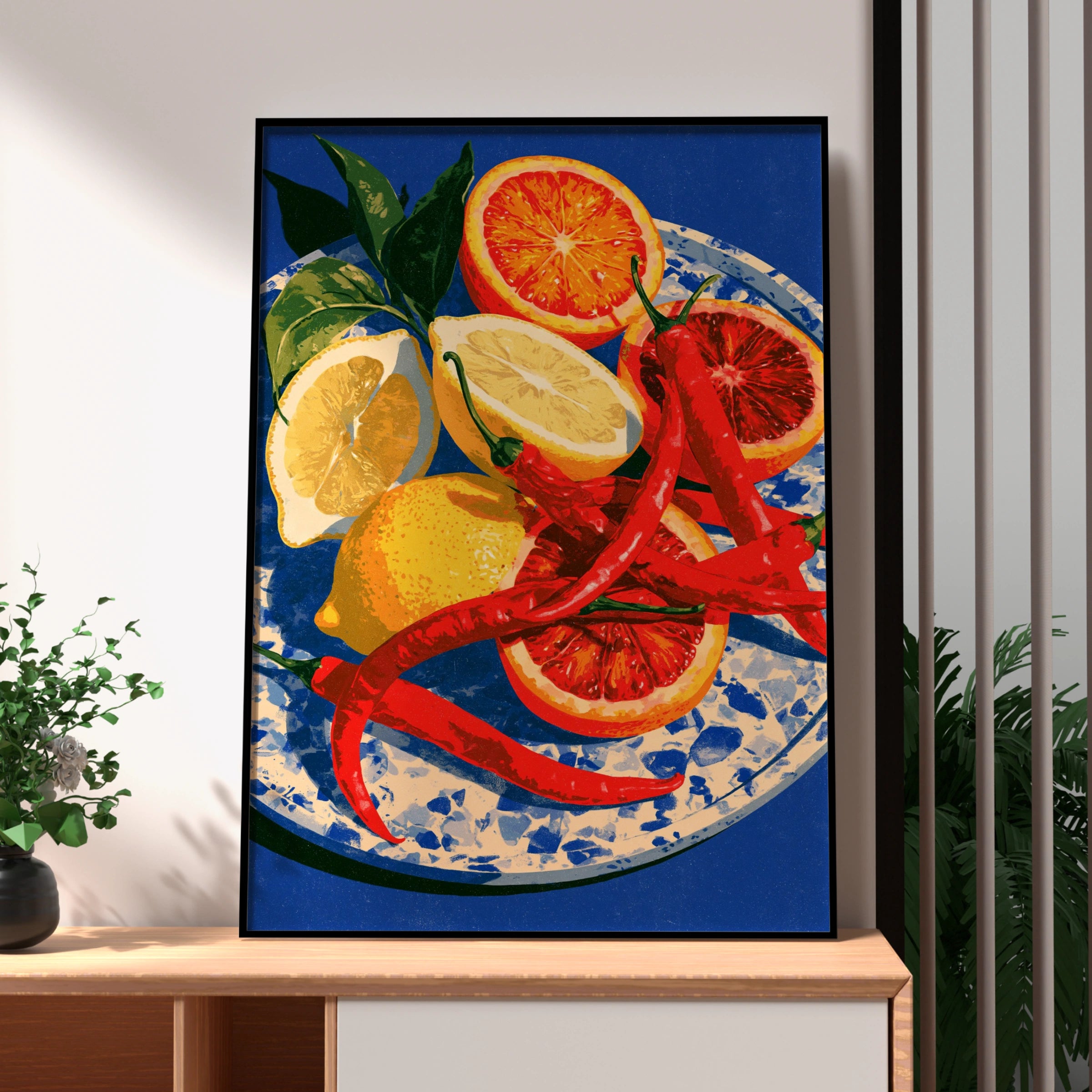 Chillies Lemon Blood Orange Still Life Poster, Bold Cobalt Blue Kitchen Art