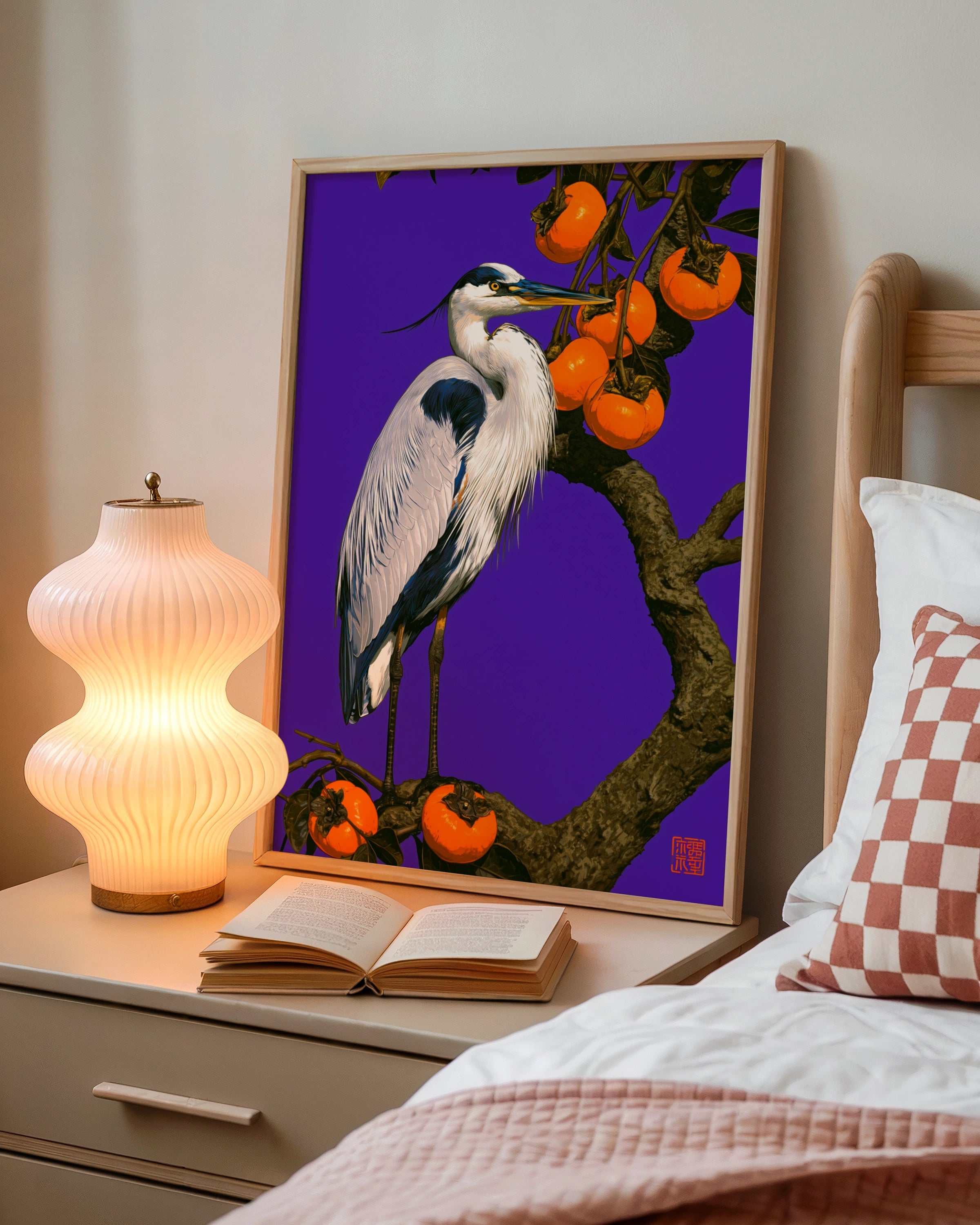 Heron & Persimmon Tree Poster, Japanese Bird Art, Bold Purple Wall Print