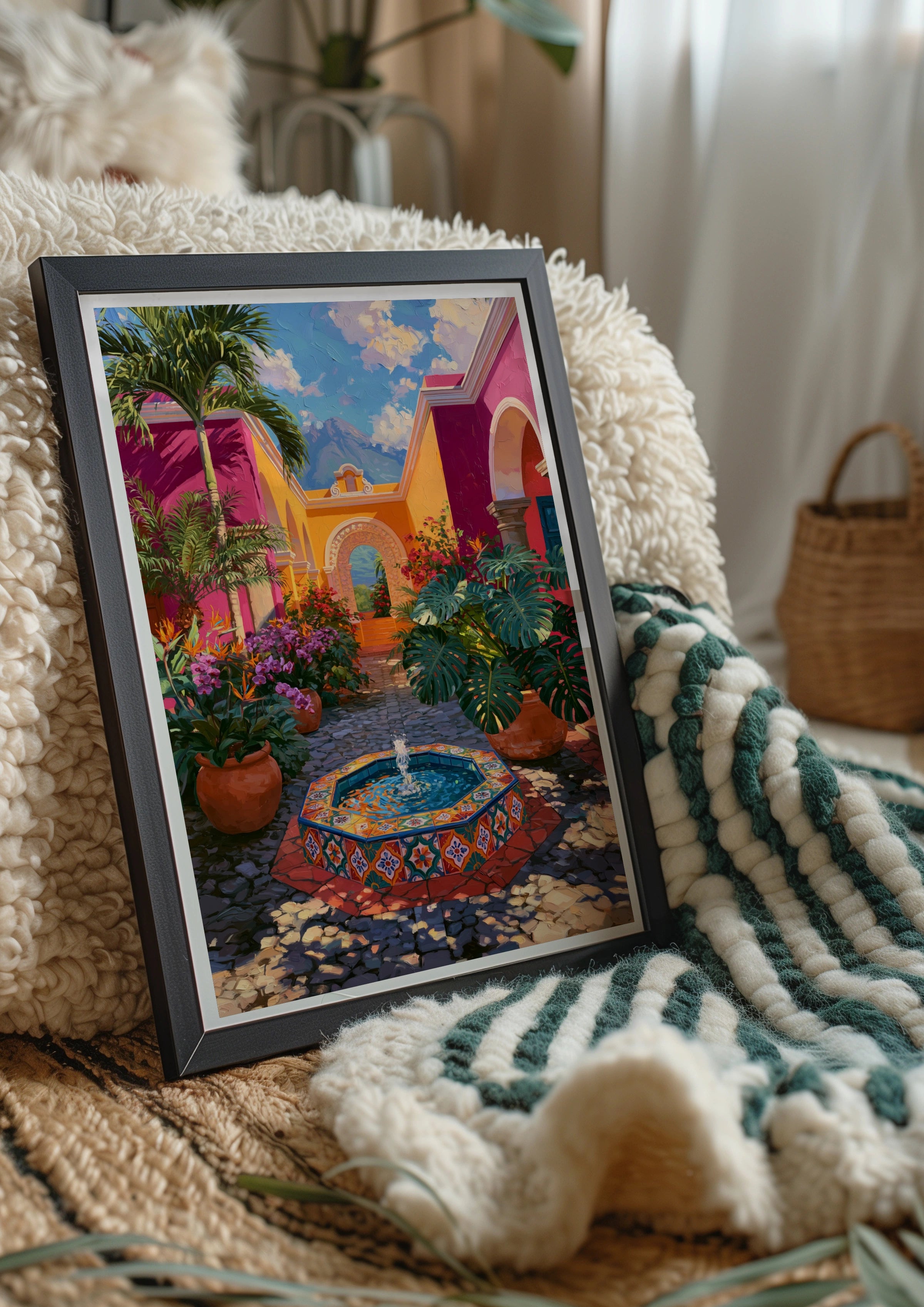 Guatemala Courtyard Poster, Colourful Tiled Fountain, Latin America Wall Art