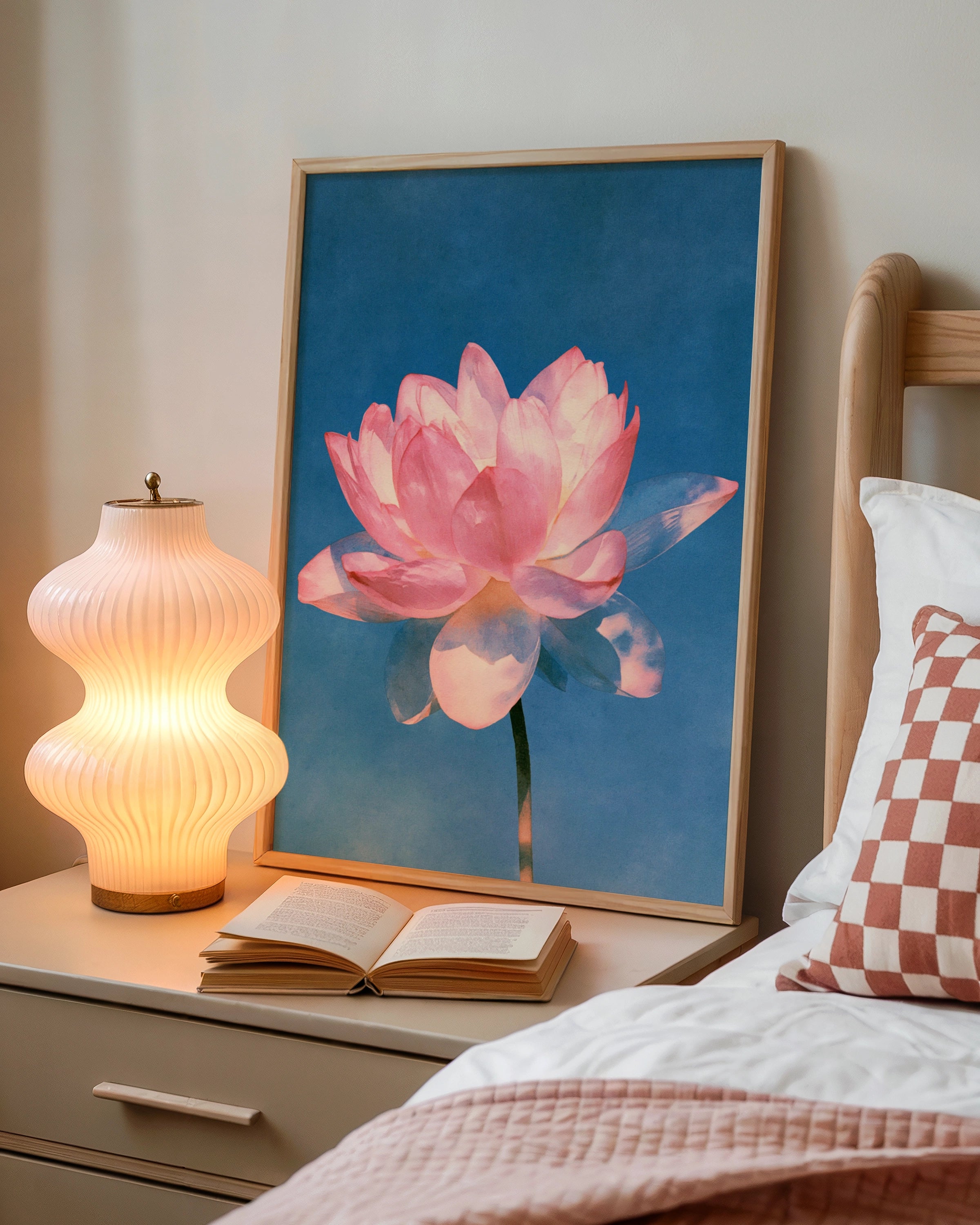 Pink Lotus Flower Poster, Botanical Wall Art, Blue Background, Watercolour Style