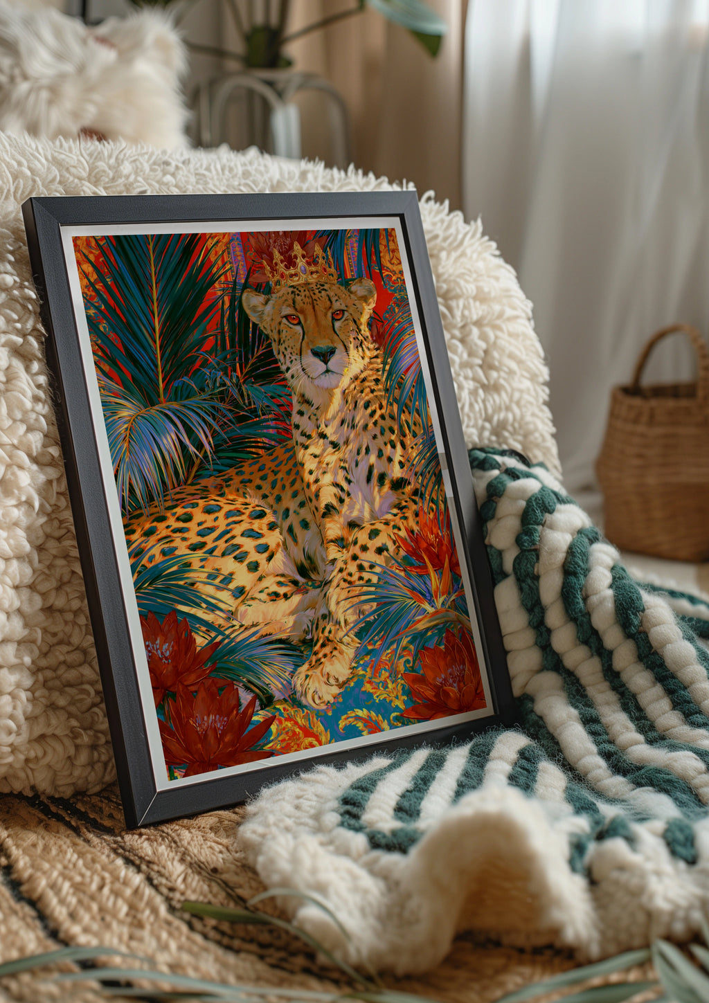 Crowned Cheetah Tropical Flowers Poster, Bold Maximalist Wall Art Print