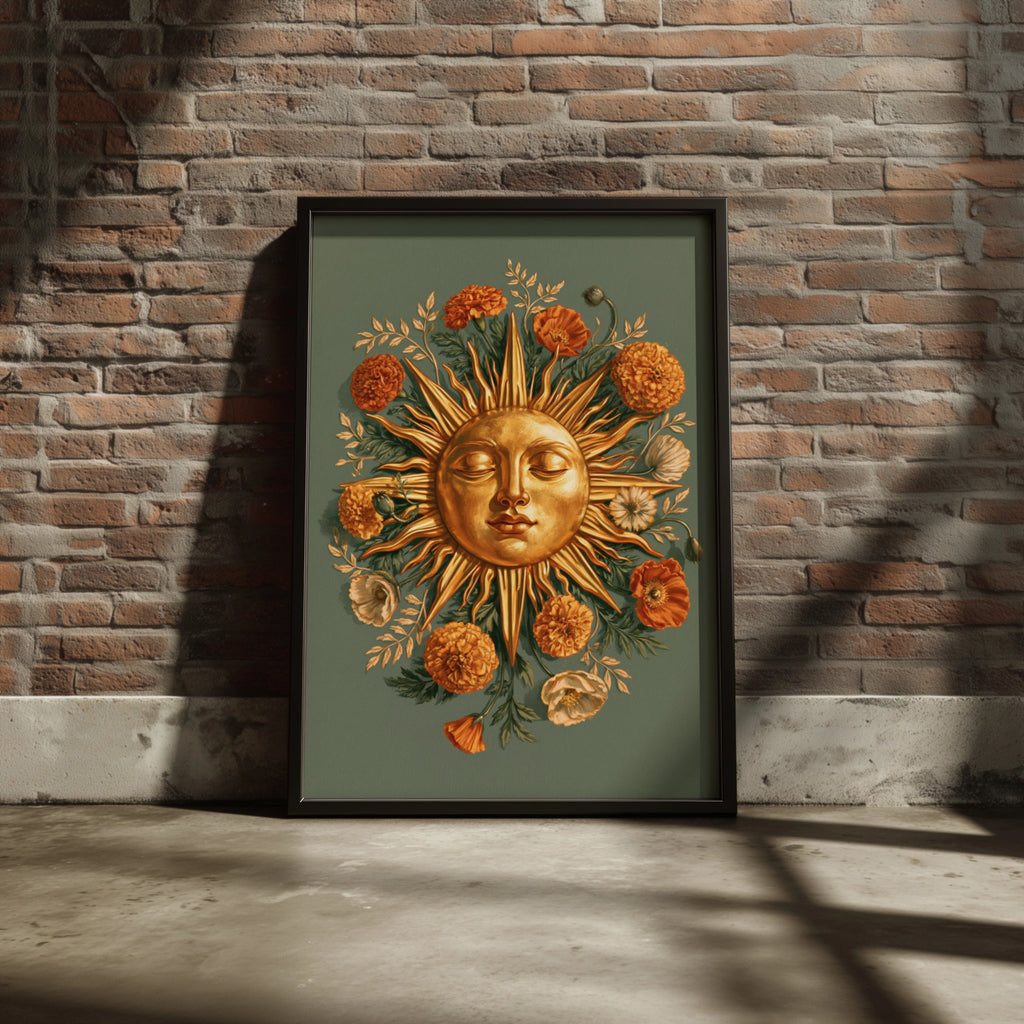 Golden Sun Face Floral Poster, Marigold Botanical Wall Art, Celestial Print
