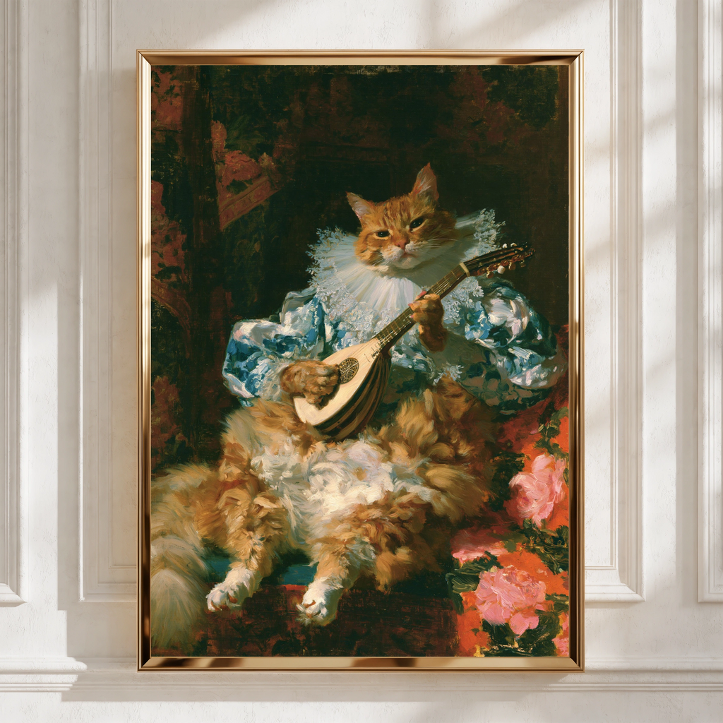 Cat Playing Lute Poster, Baroque Animal Portrait, Renaissance Musician Wall Art