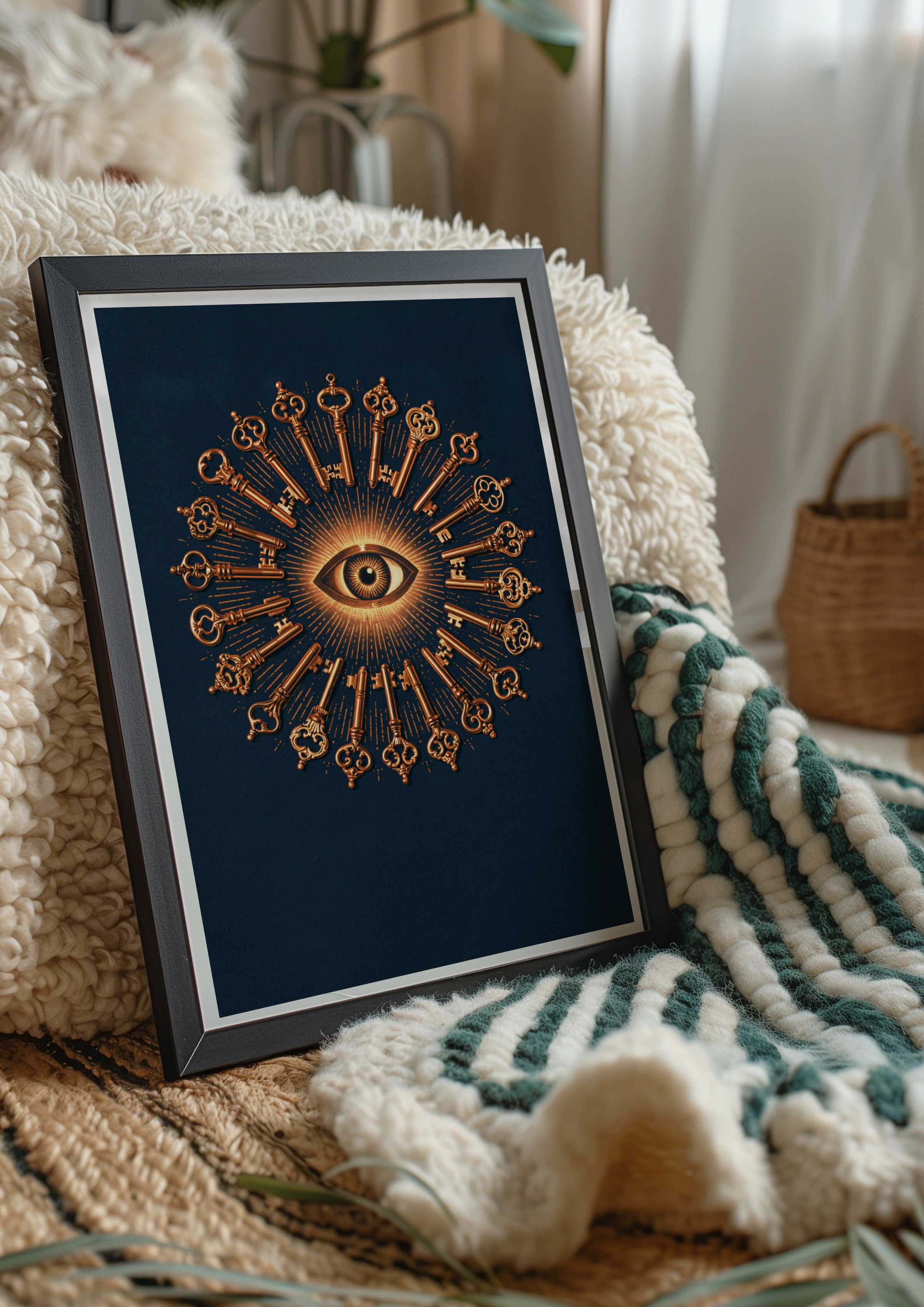 All Seeing Eye Keys Pattern Poster, Mystical Occult Wall Art, Navy Copper