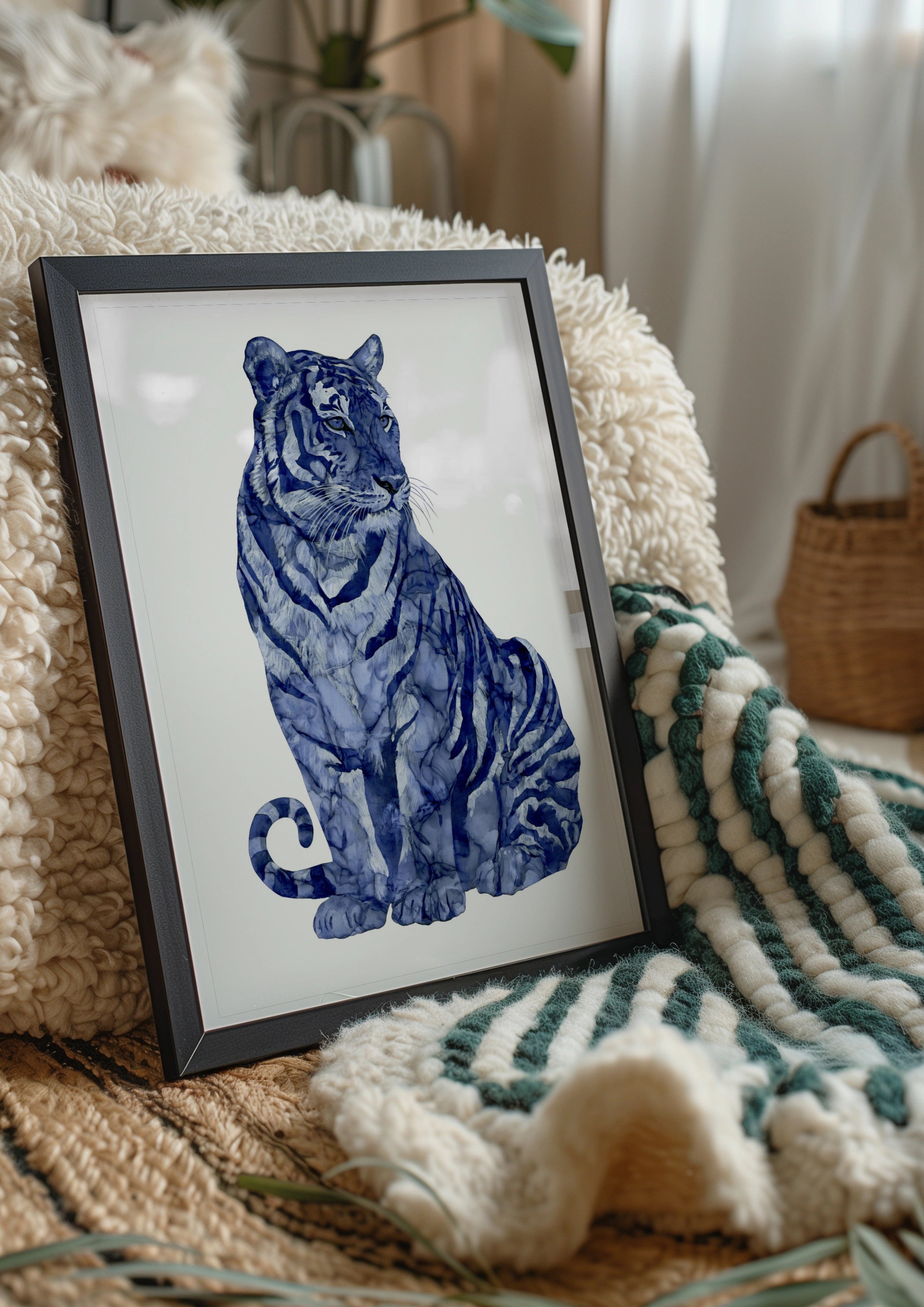 Blue Tiger Abstract Poster, Indigo Watercolour Big Cat Wall Art Print