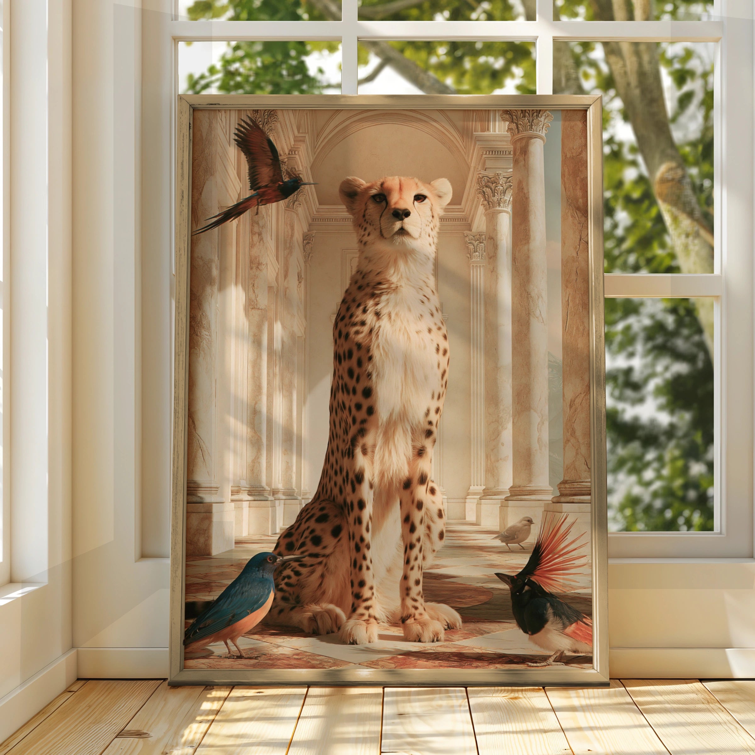 Cheetah & Birds in Marble Hall, Animal Wall Art Poster, Surreal