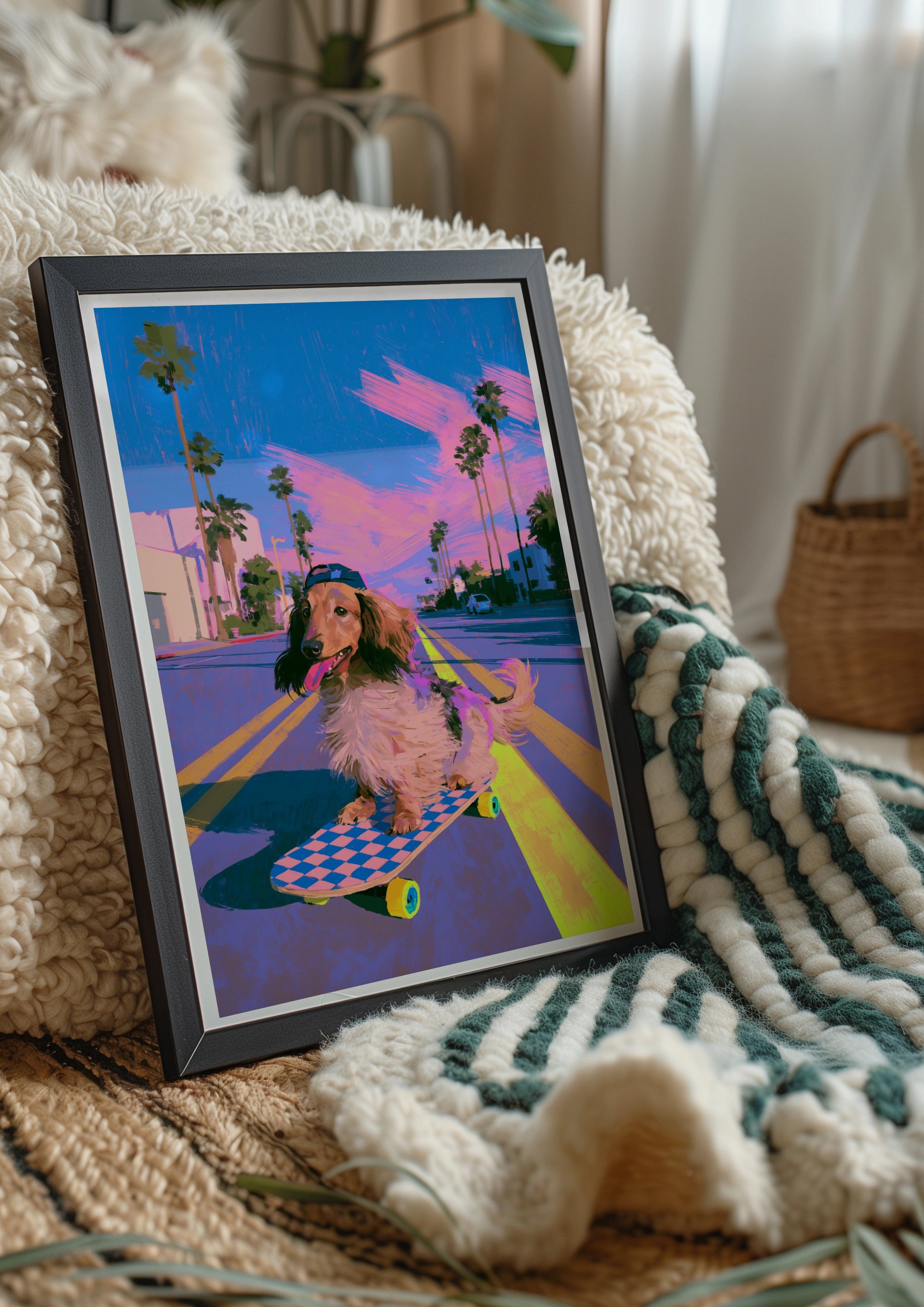 Dachshund Skateboard Poster, Sausage Dog Wall Art, Retro Vaporwave Print
