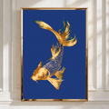 Gold Koi Fish Poster, Navy Blue Wall Art, Japanese Carp Print, Bold Colour