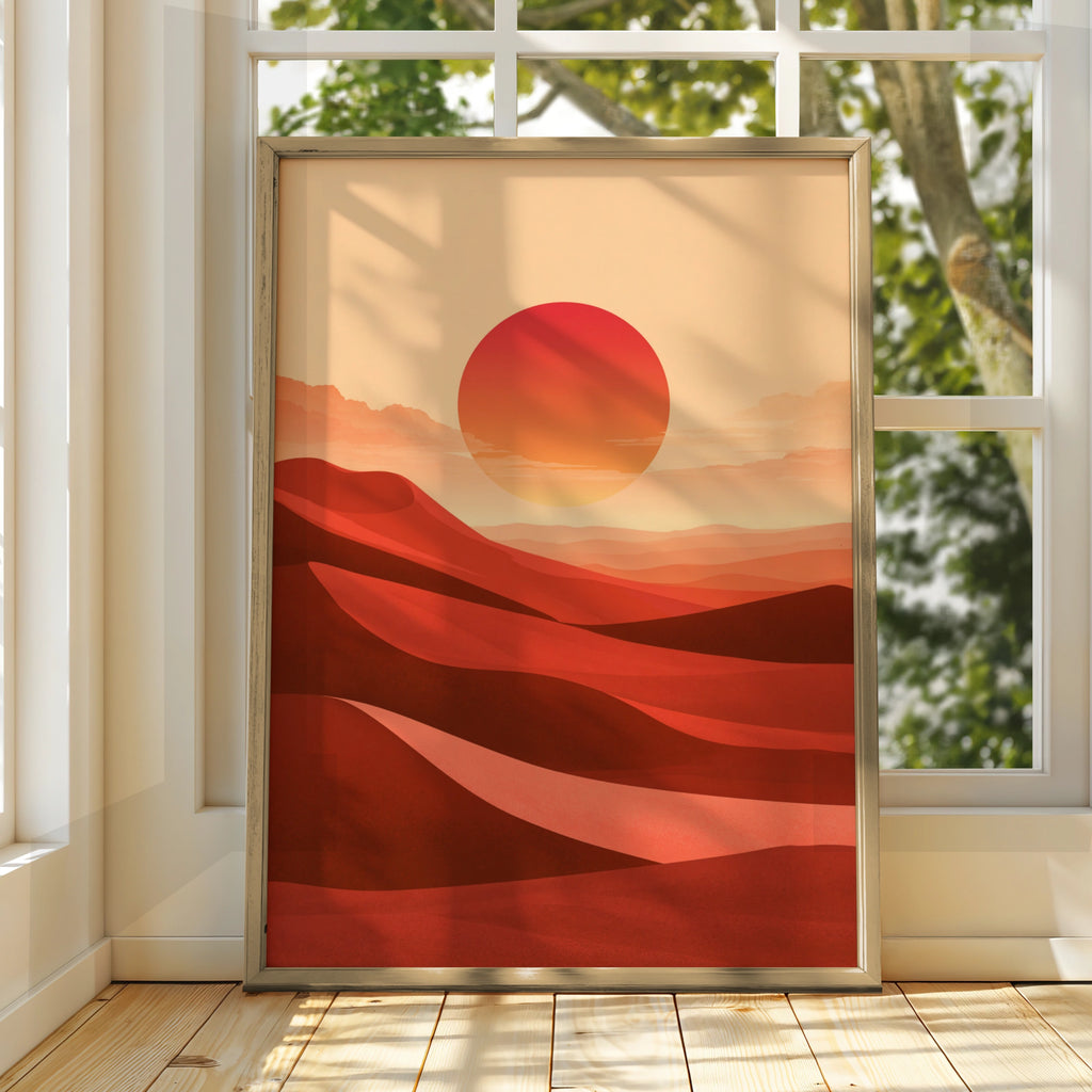 Desert Sun Minimalist Poster, Red Sand Dunes Wall Art, Boho Print