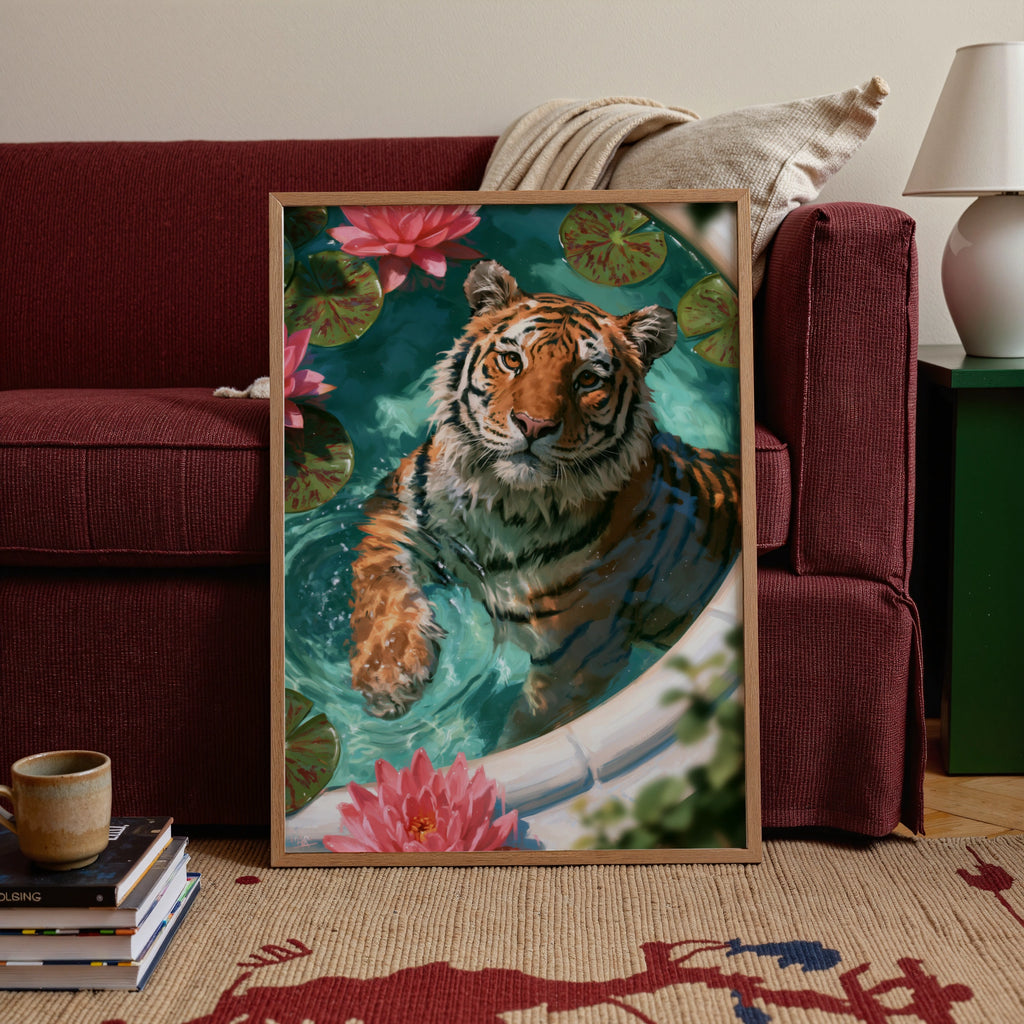Tiger in Bath with Lotus Flowers Poster, Wild Cat Water Art Print