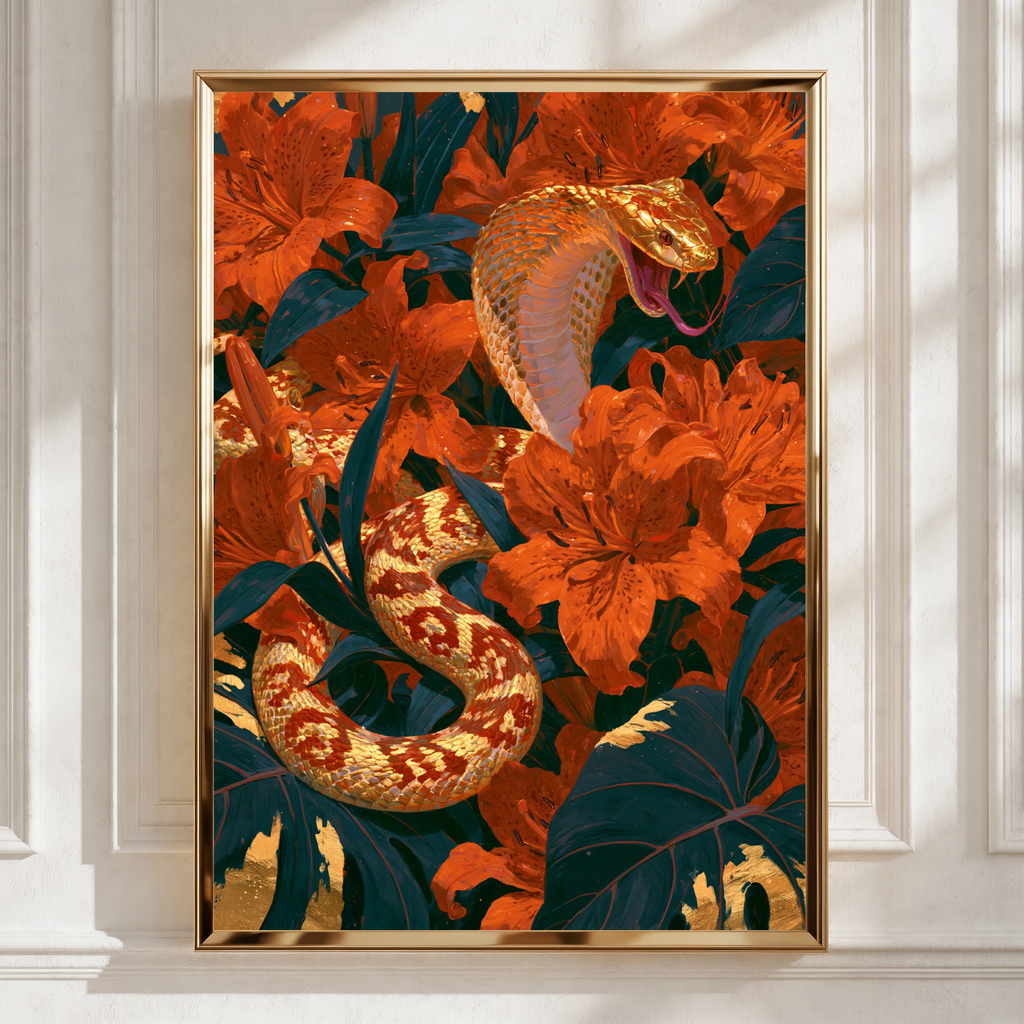 Golden Cobra Snake Flowers Poster, Botanical Wildlife Wall Art Print