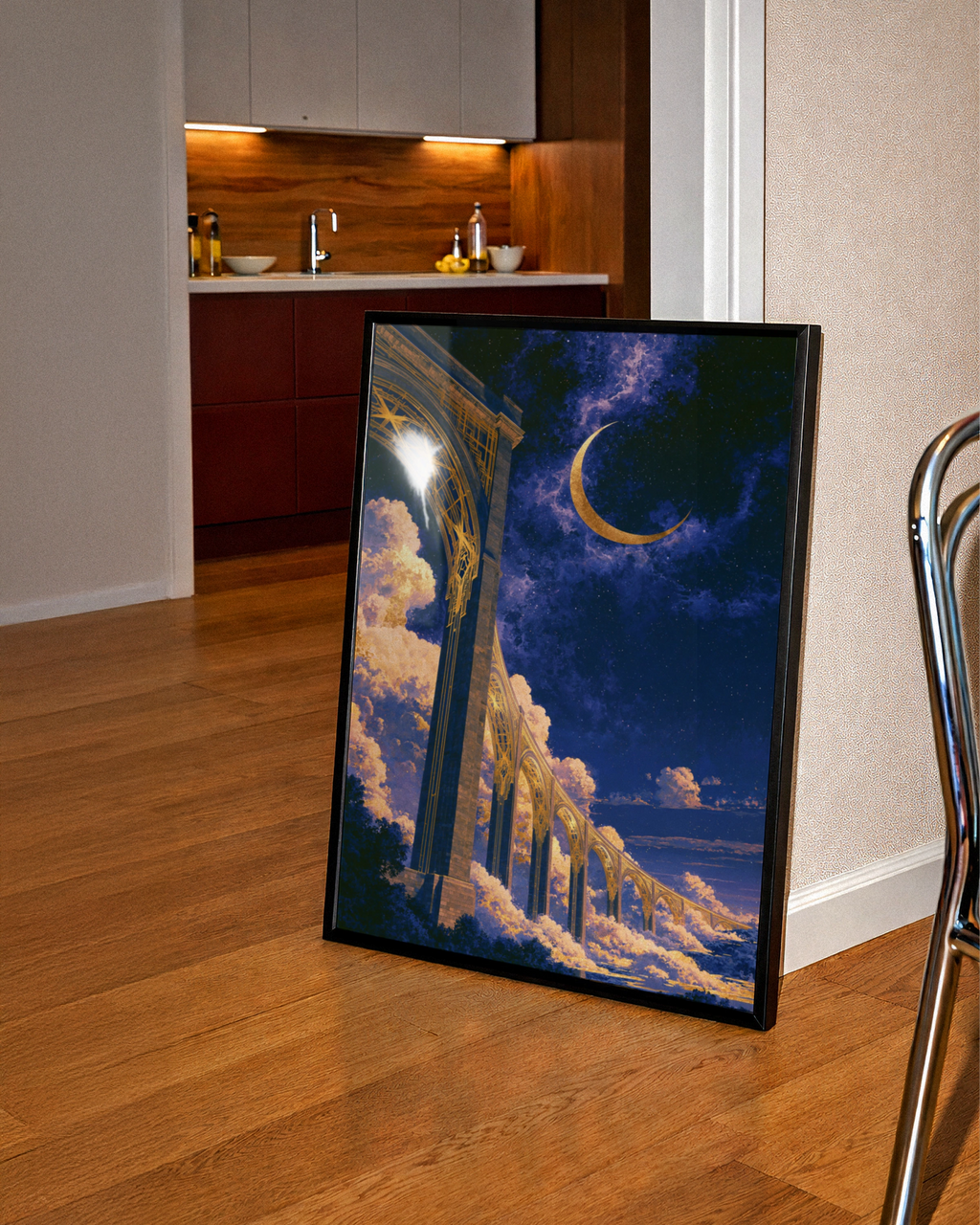 Cosmic Viaduct Night Sky Poster, Art Deco Arch Bridge, Crescent Moon Print