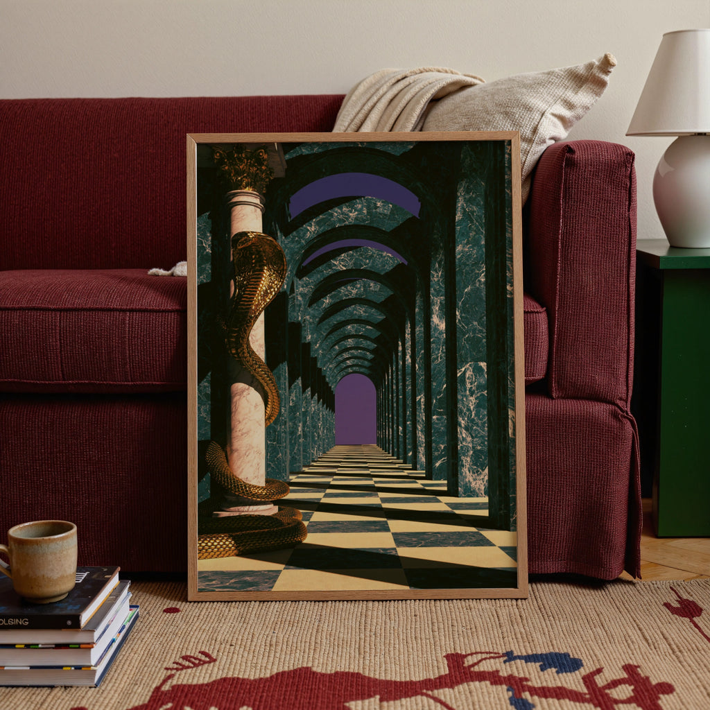 Golden Cobra Marble Hallway Poster, Surreal Architecture Art Print, Green Purple