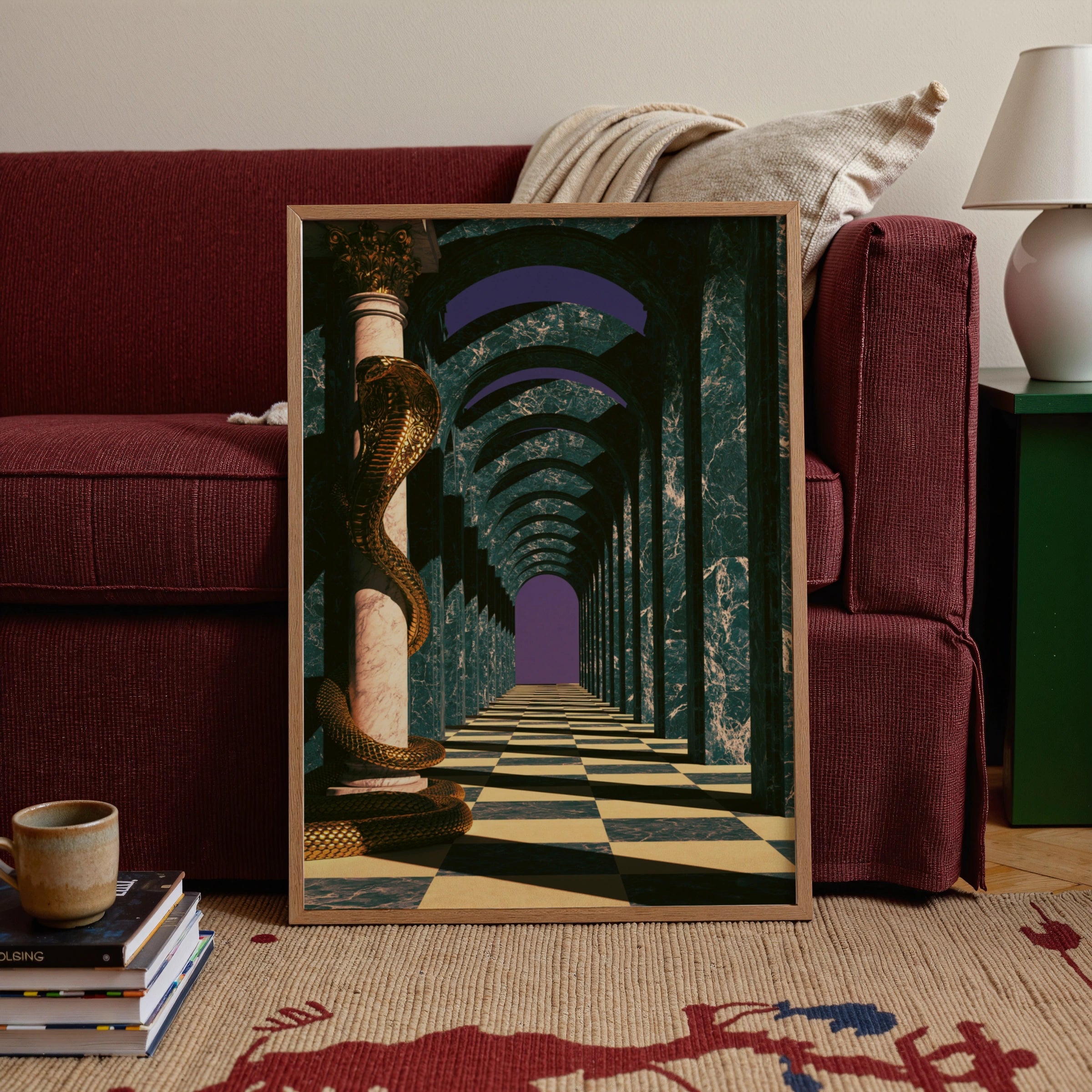 Golden Cobra Marble Hallway Poster, Surreal Architecture Art Print, Green Purple